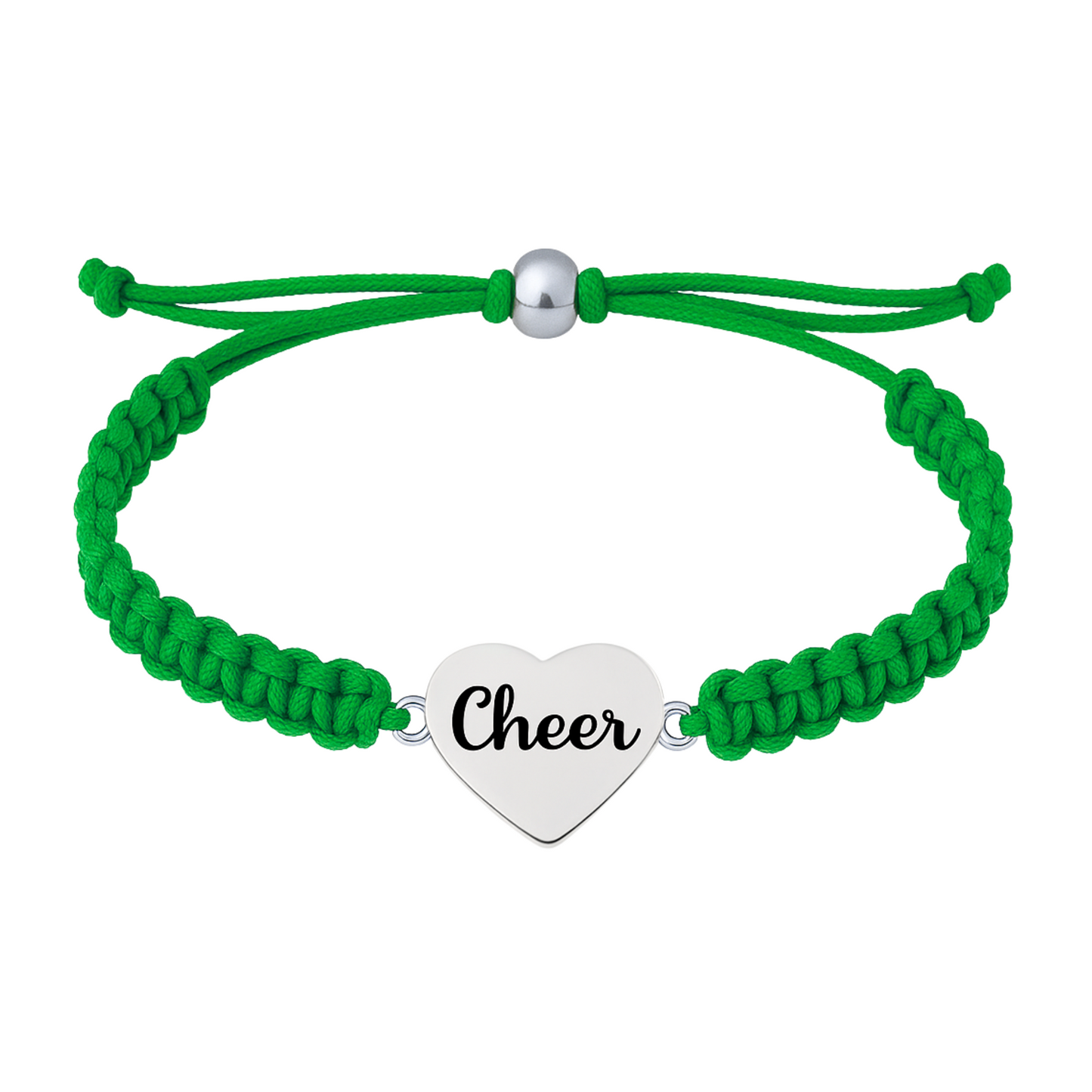 Green cheer rope bracelet with silver-tone heart charm, great gift for cheer squads and friends