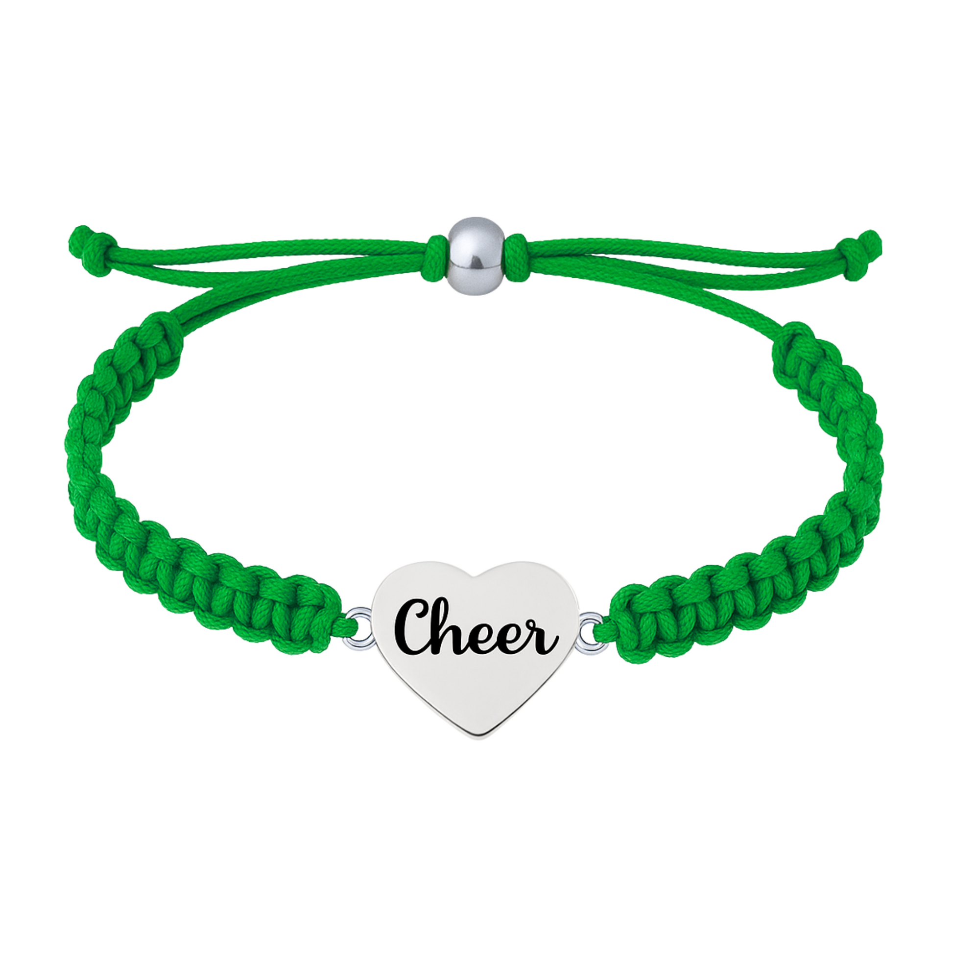 Green cheer rope bracelet with silver-tone heart charm, great gift for cheer squads and friends