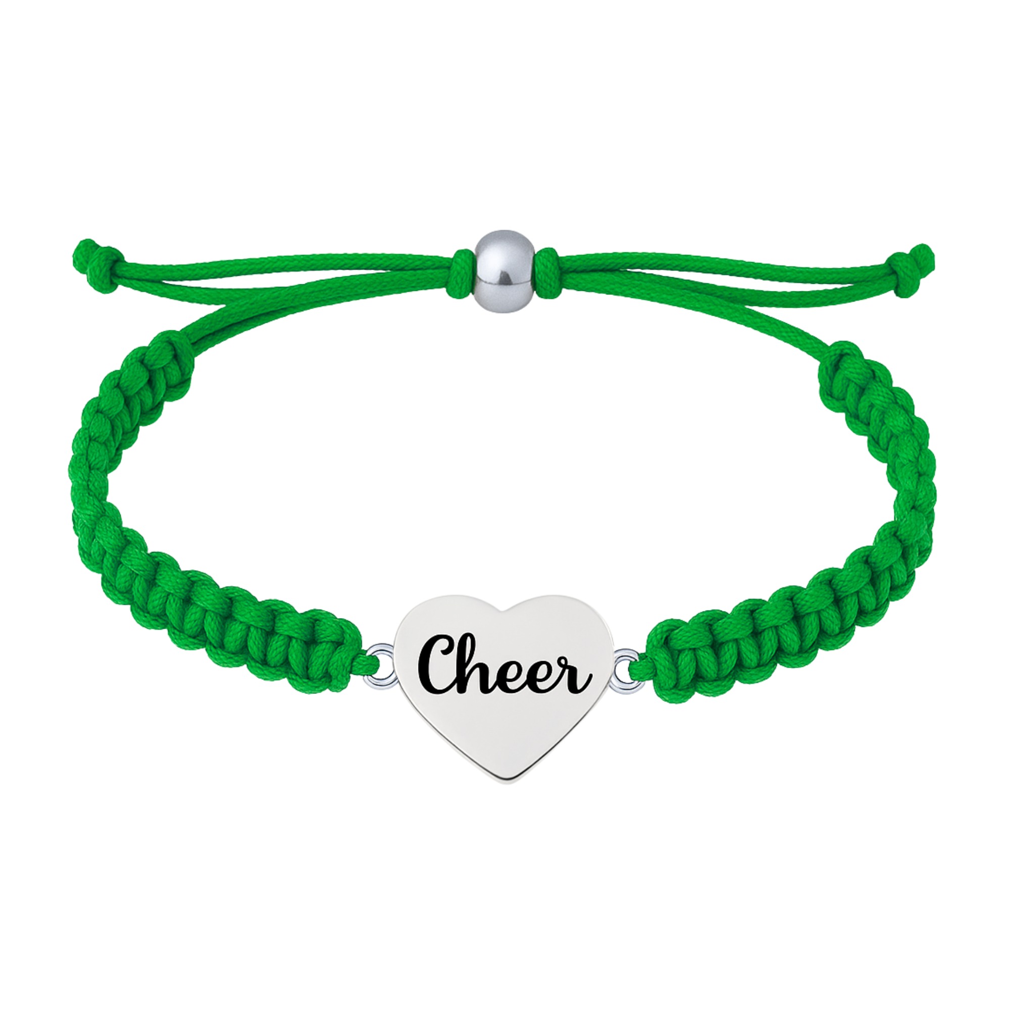 Green cheer rope bracelet with silver-tone heart charm, great gift for cheer squads and friends