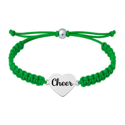 Green cheer rope bracelet with silver-tone heart charm, great gift for cheer squads and friends