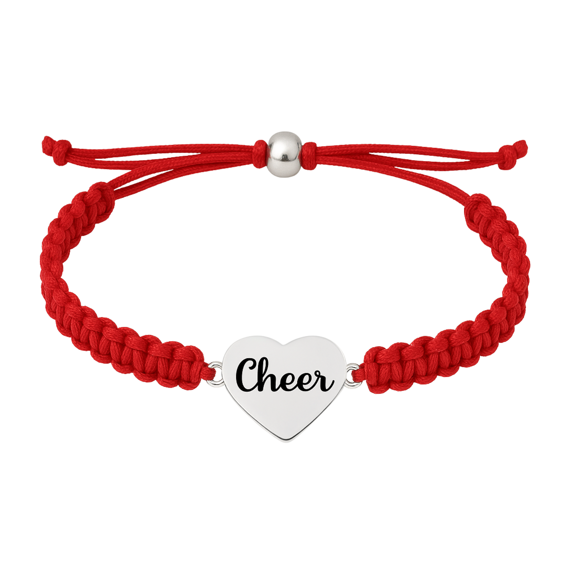 Red braided cheer bracelet with engraved heart charm, designed for cheer athletes and supporters