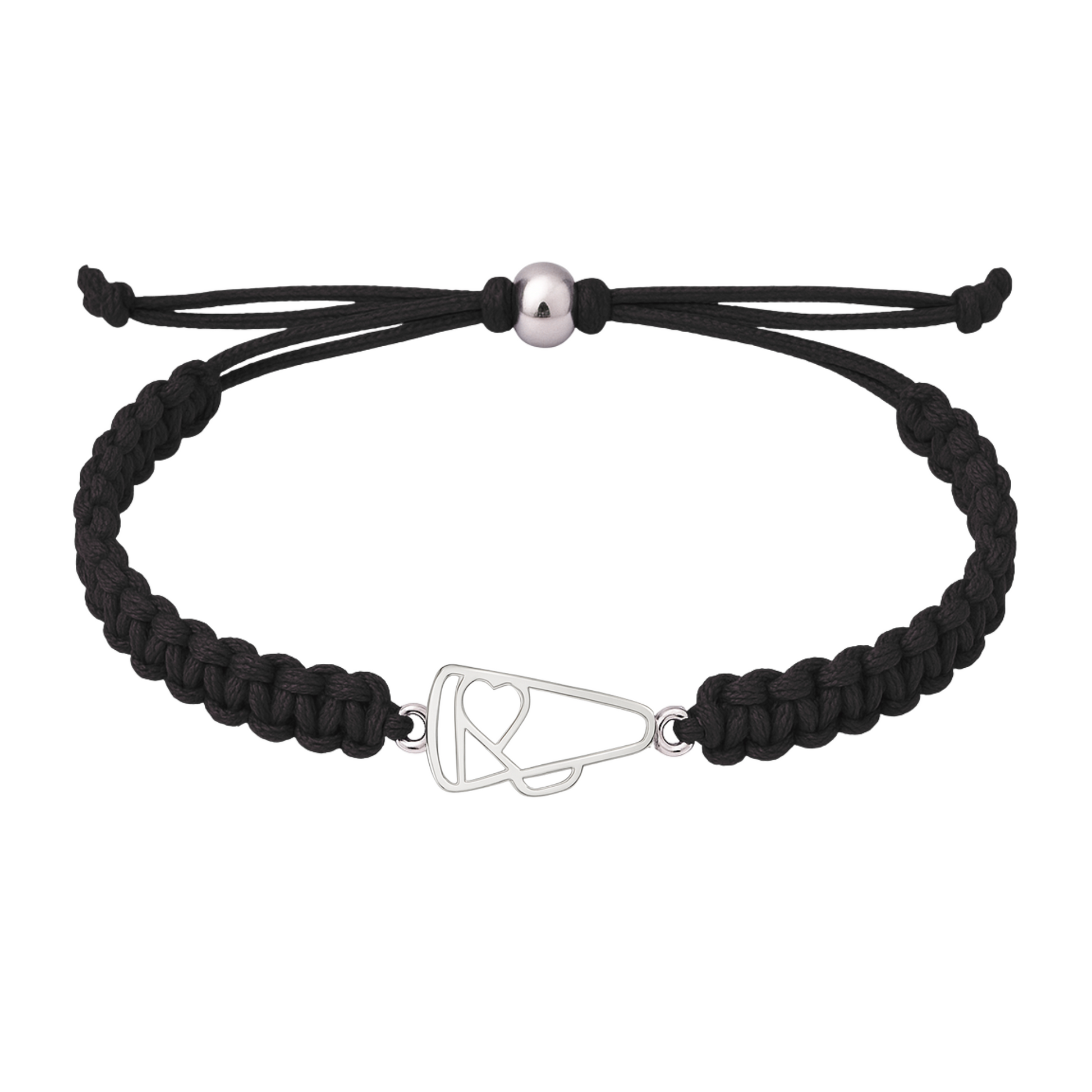 Black braided cheer bracelet featuring silver-tone megaphone charm