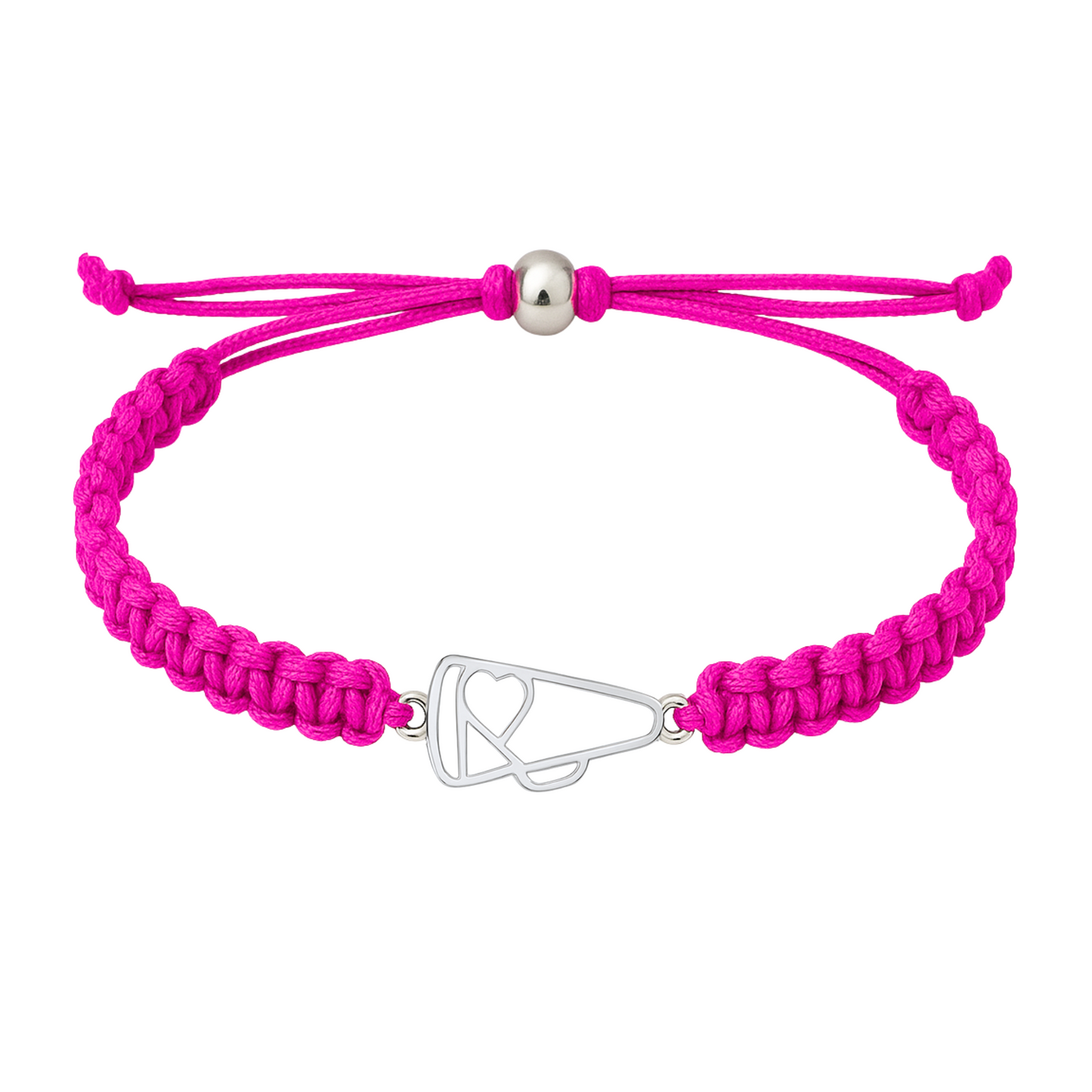 Bright pink rope bracelet with stainless megaphone charm, perfect for cheerleaders