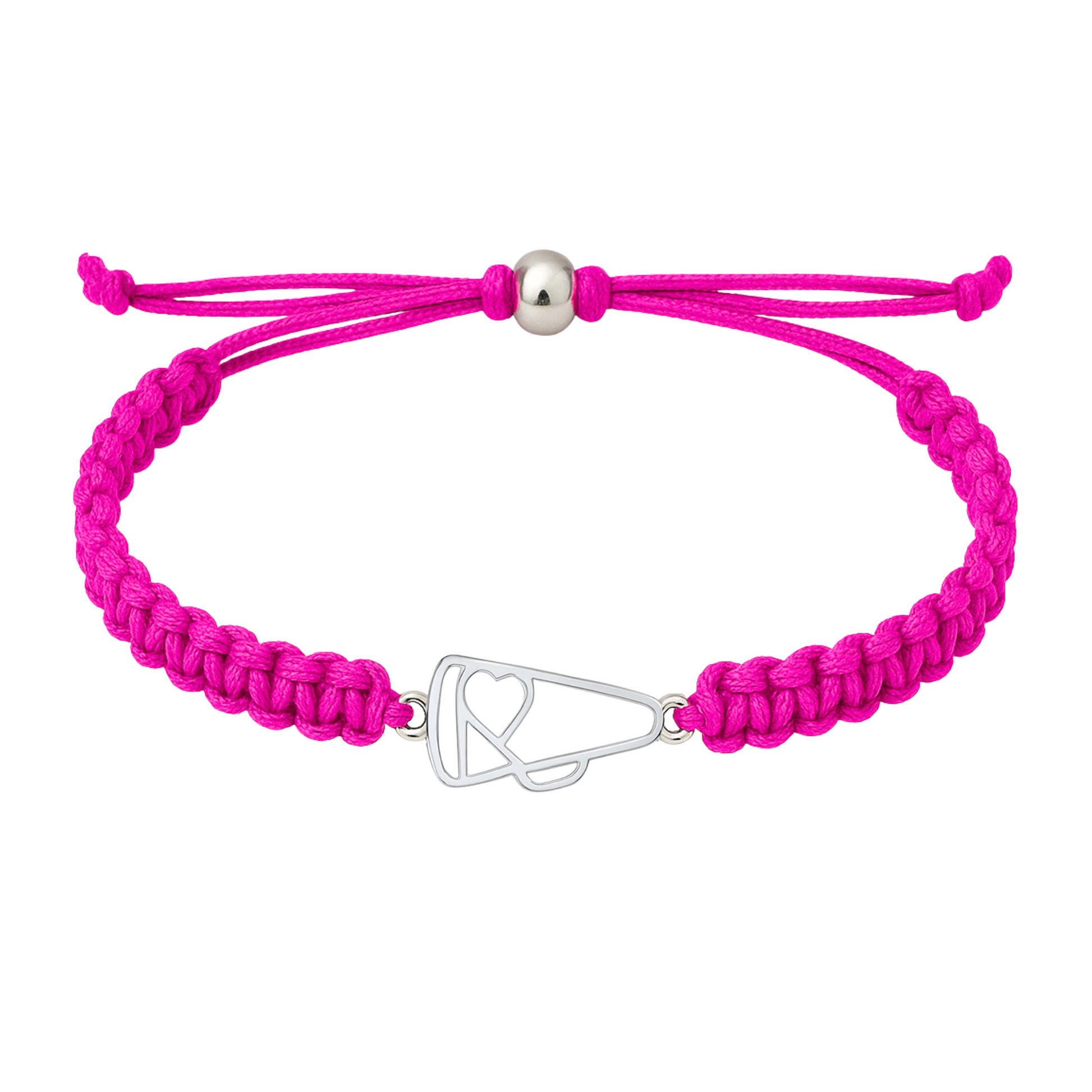 Bright pink rope bracelet with stainless megaphone charm, perfect for cheerleaders