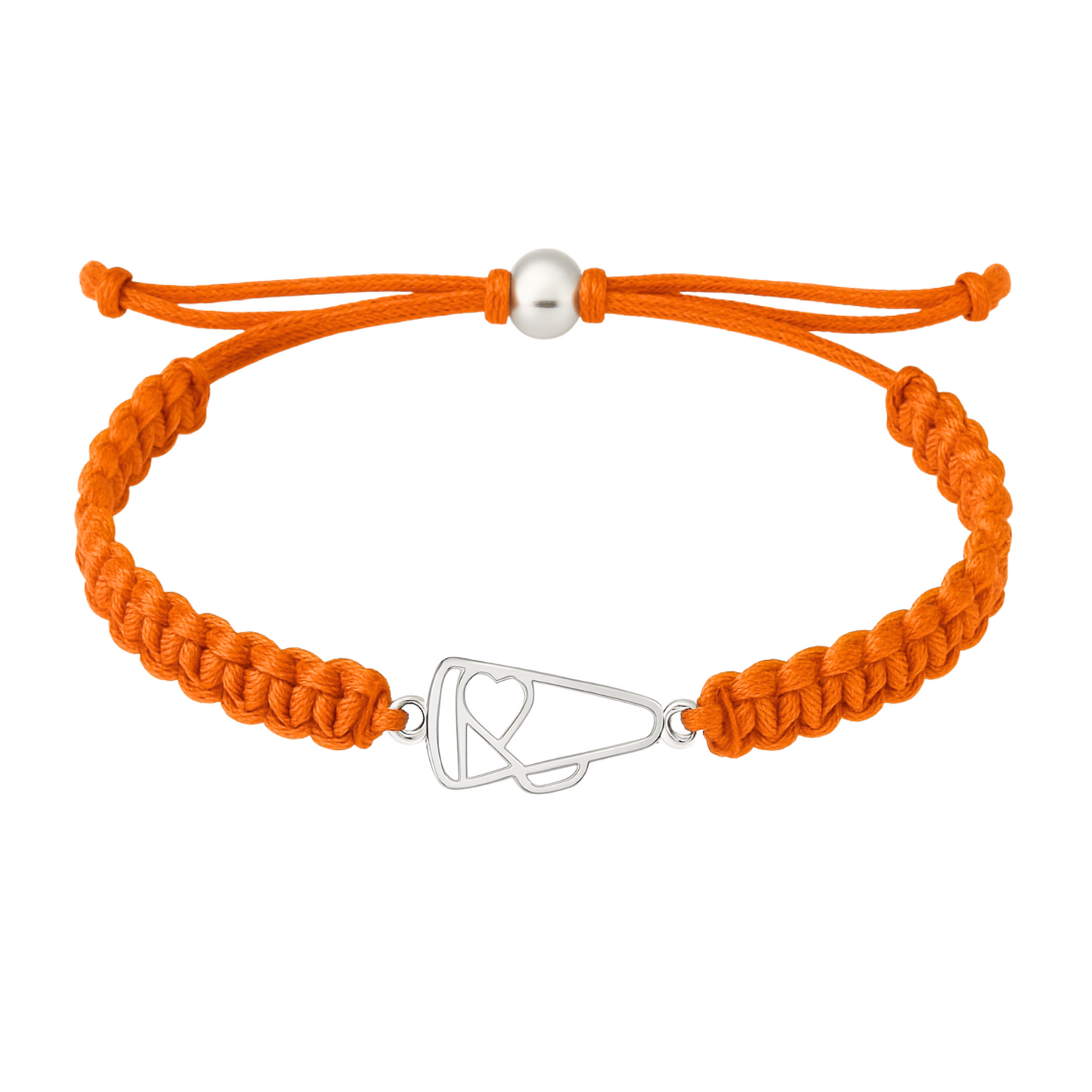 Orange cheer bracelet with stainless steel megaphone charm and adjustable cord