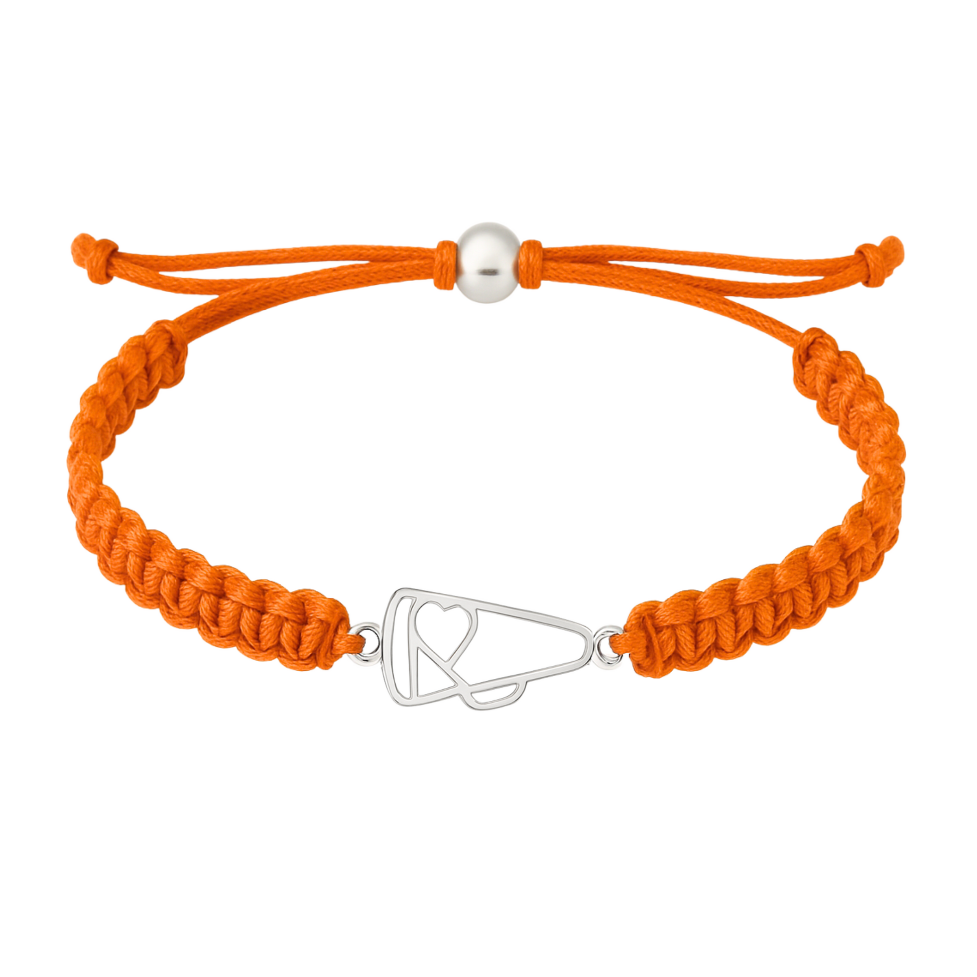 Orange cheer bracelet with stainless steel megaphone charm and adjustable cord