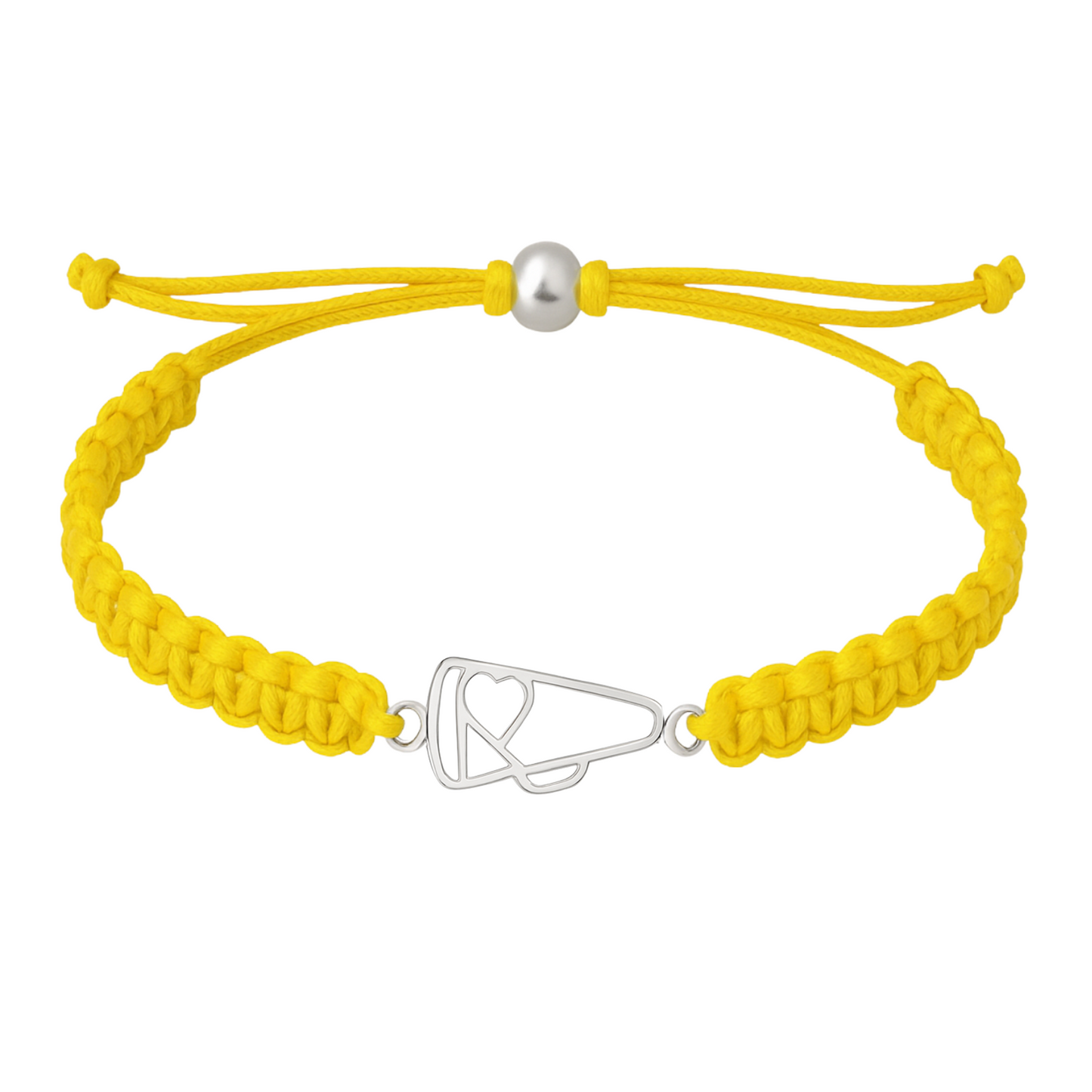 Yellow rope bracelet with stainless steel megaphone charm for cheer teams