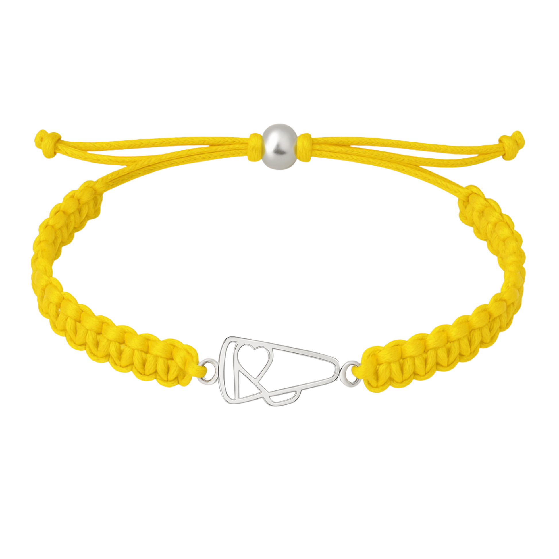 Yellow rope bracelet with stainless steel megaphone charm for cheer teams