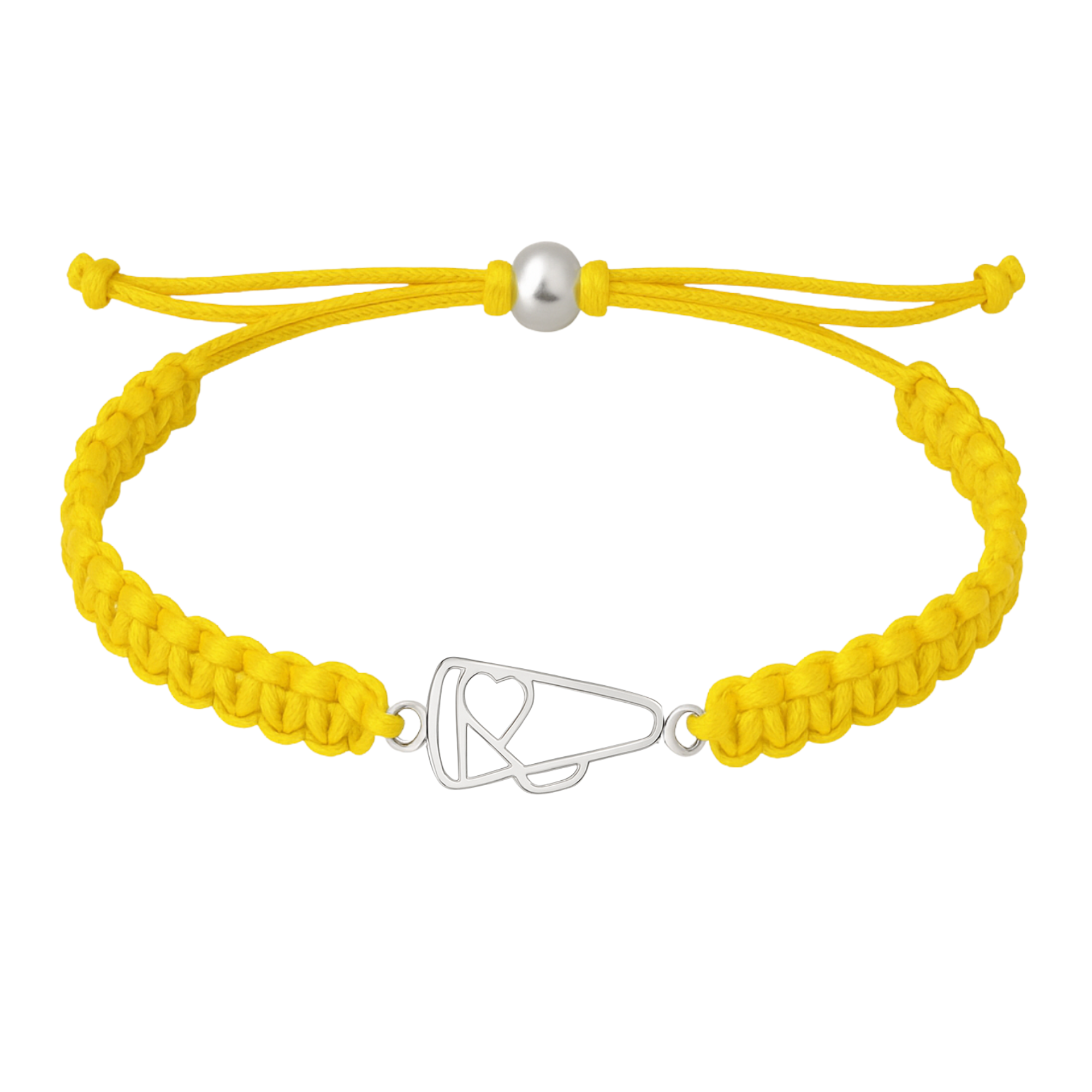 Yellow rope bracelet with stainless steel megaphone charm for cheer teams