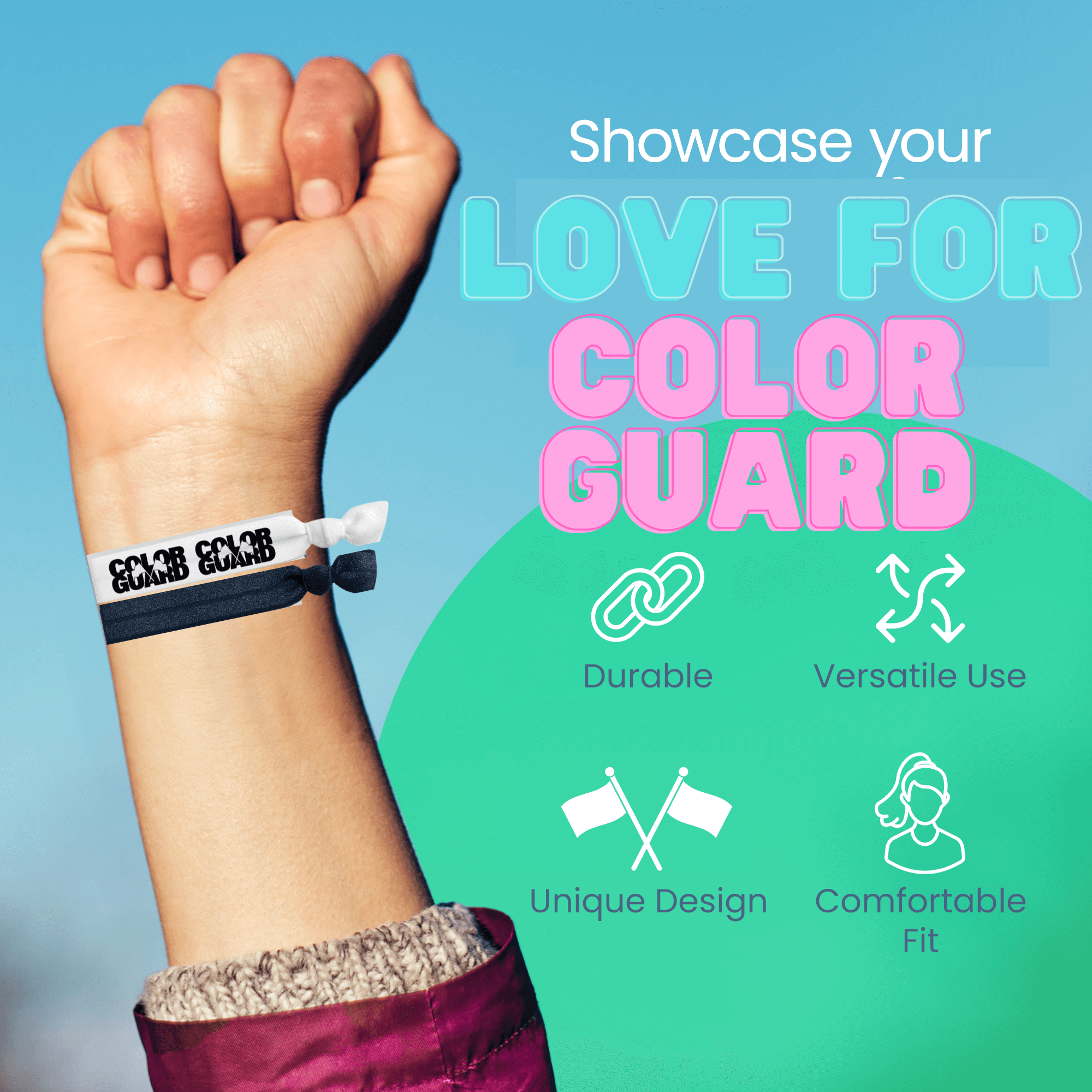 Hand showcasing a color guard hair tie, emphasizing durable, versatile, and unique design as perfect color guard gifts.