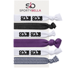 Set of 6 Color Guard hair ties with bold lettering and various colors, perfect for flag twirlers and performers.