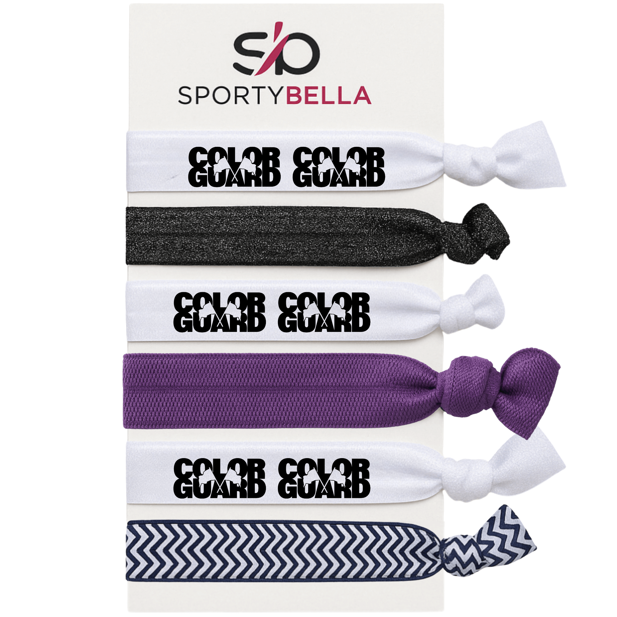 Set of 6 Color Guard hair ties with bold lettering and various colors, perfect for flag twirlers and performers.