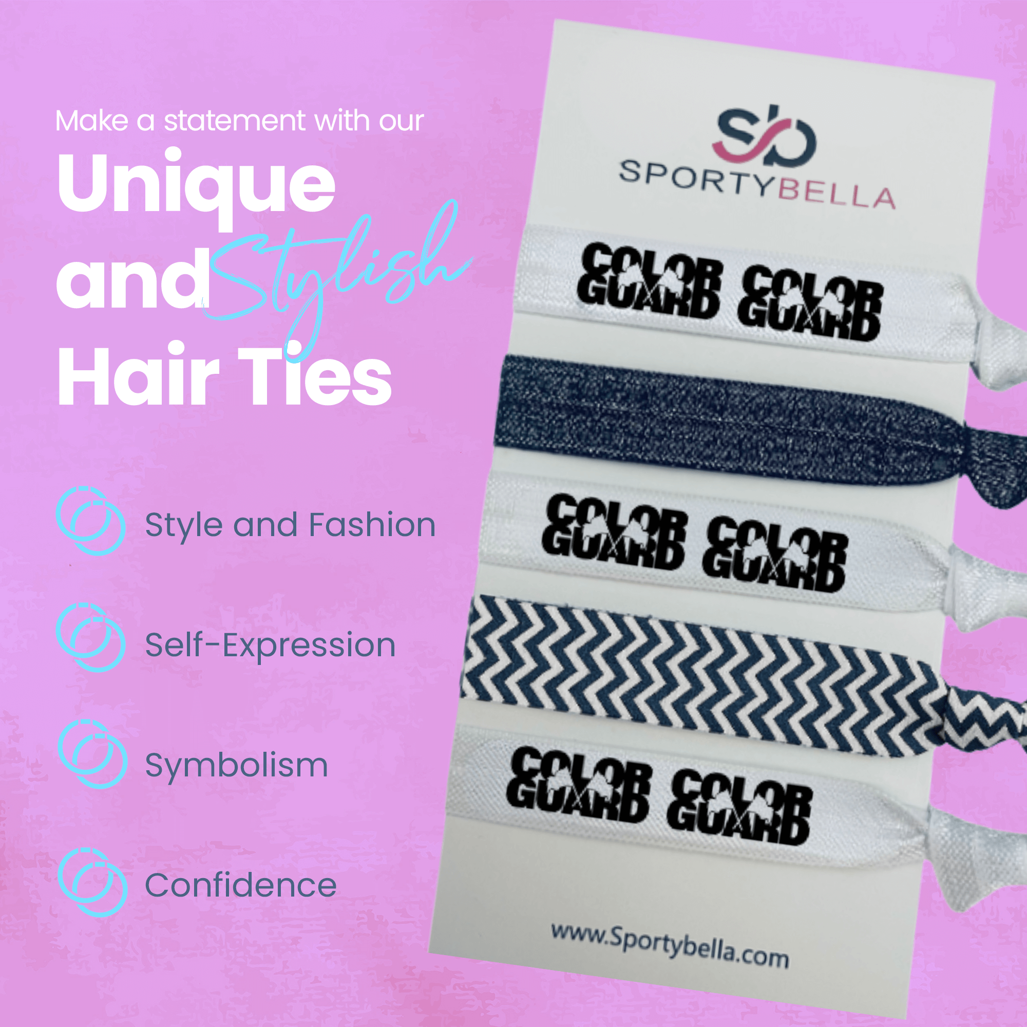 Stylish Color Guard hair ties display with bold lettering, perfect for performers and as color guard gifts.