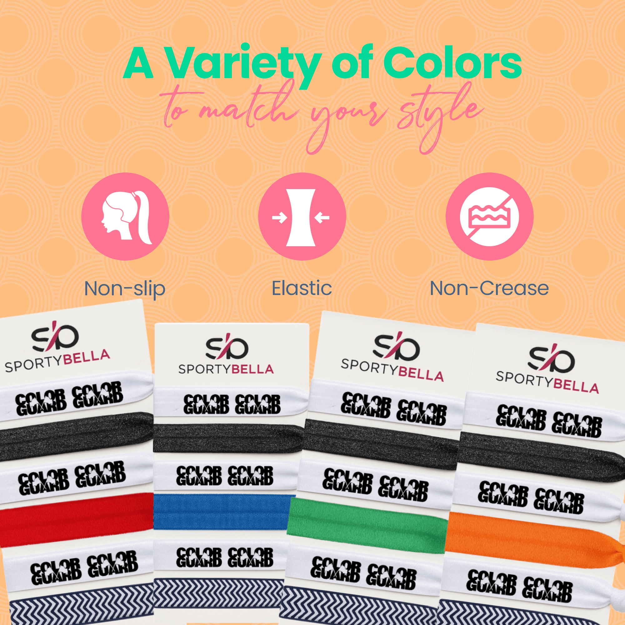 Color Guard Hair Ties displayed in various colors, showcasing non-slip, elastic, and no-crease features for performers.