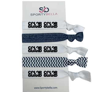 Set of 6 Color Guard hair ties with bold lettering and heart design, perfect for performers and color guard gifts.