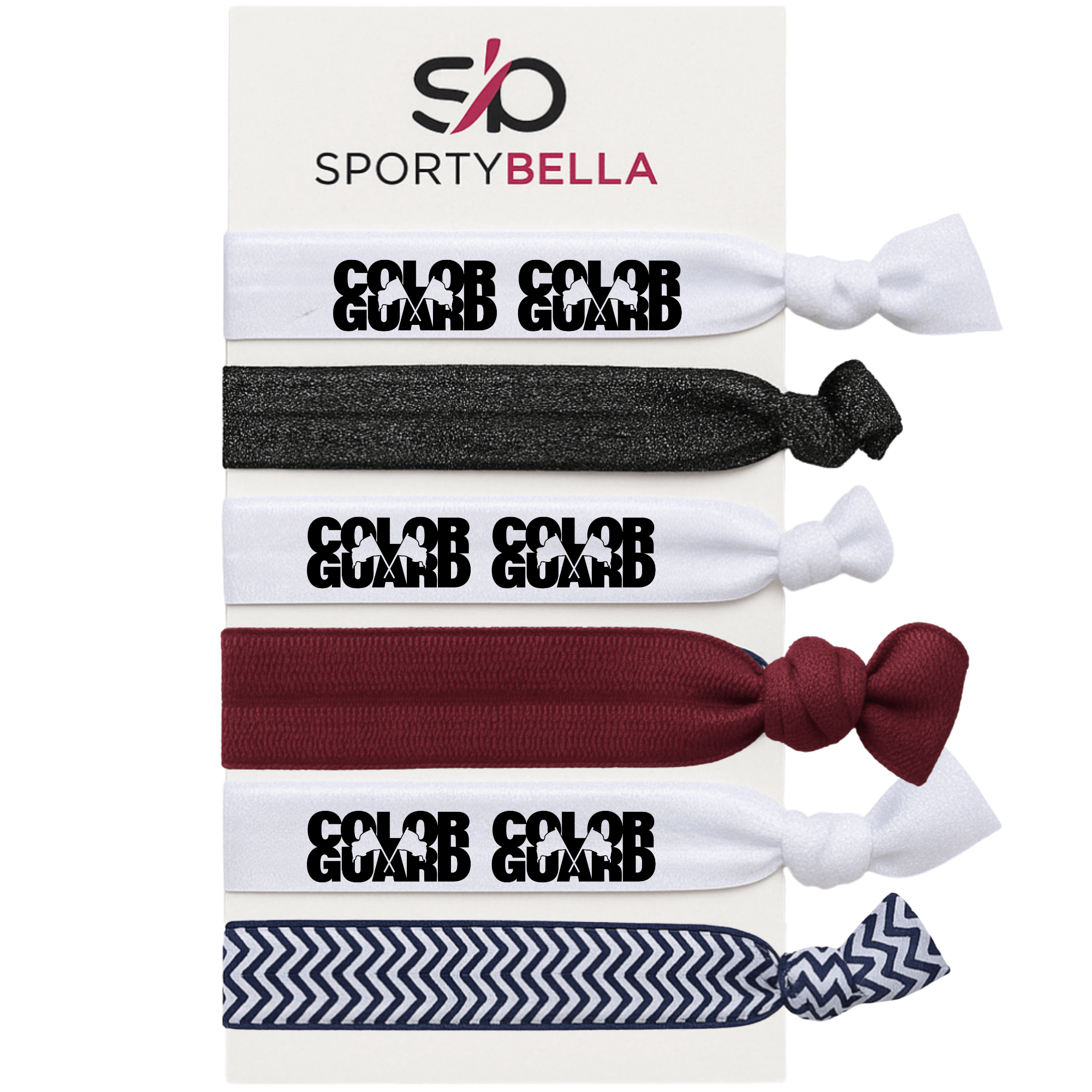 Set of 6 Color Guard hair ties in various colors with bold lettering; perfect color guard gifts for performers and twirlers.