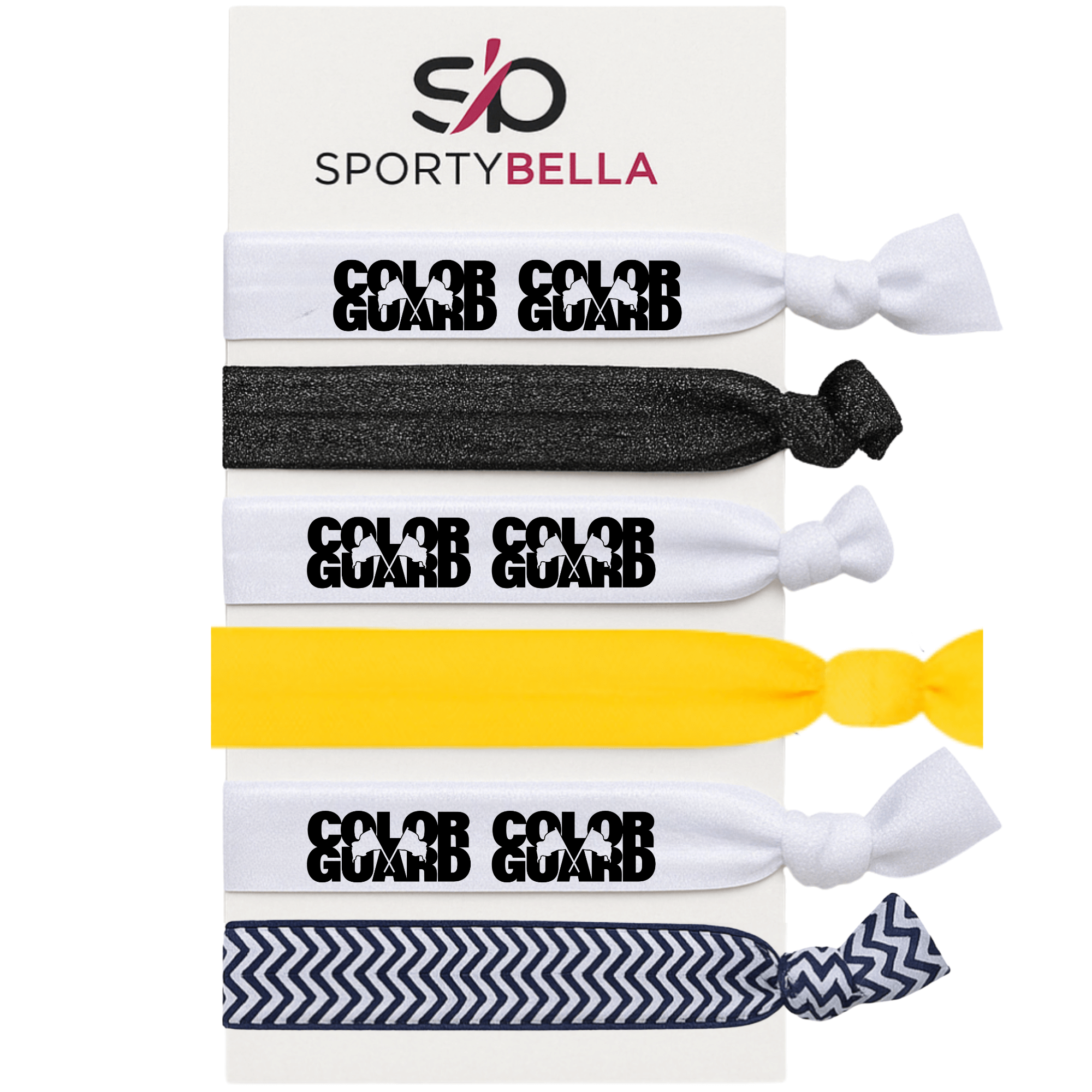 Color Guard hair ties set featuring six no crease elastic holders with bold lettering, ideal for dancers and performers.