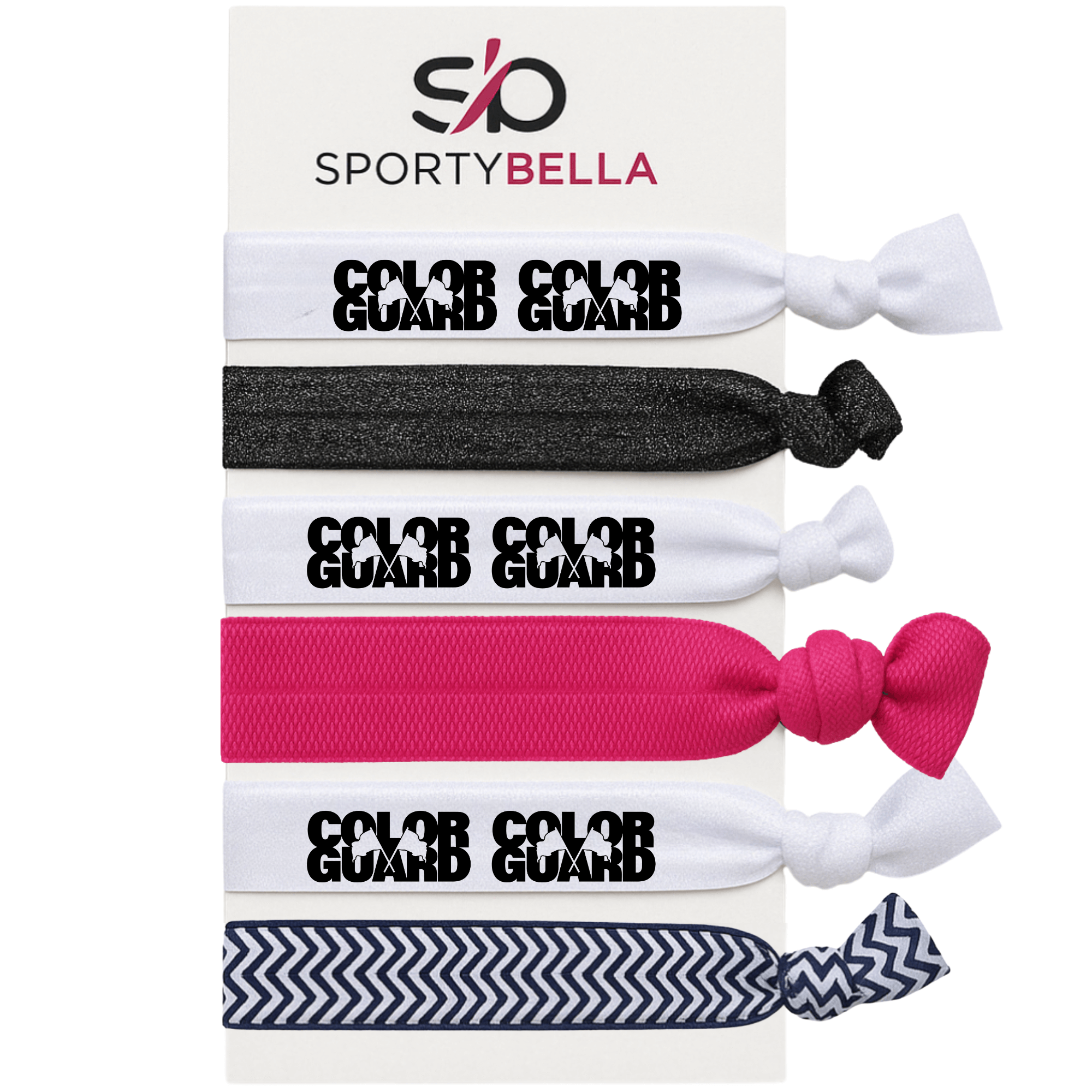Set of 6 Color Guard hair ties featuring no crease design, perfect for performers and ideal color guard gifts.