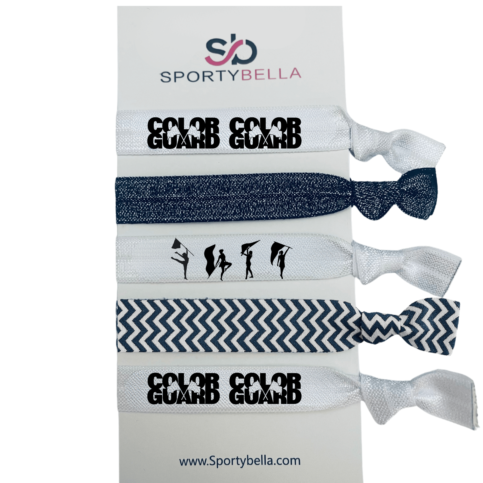 Color Guard hair ties set of 6, no crease ponytail holders with stylish designs, perfect color guard gifts for performers.