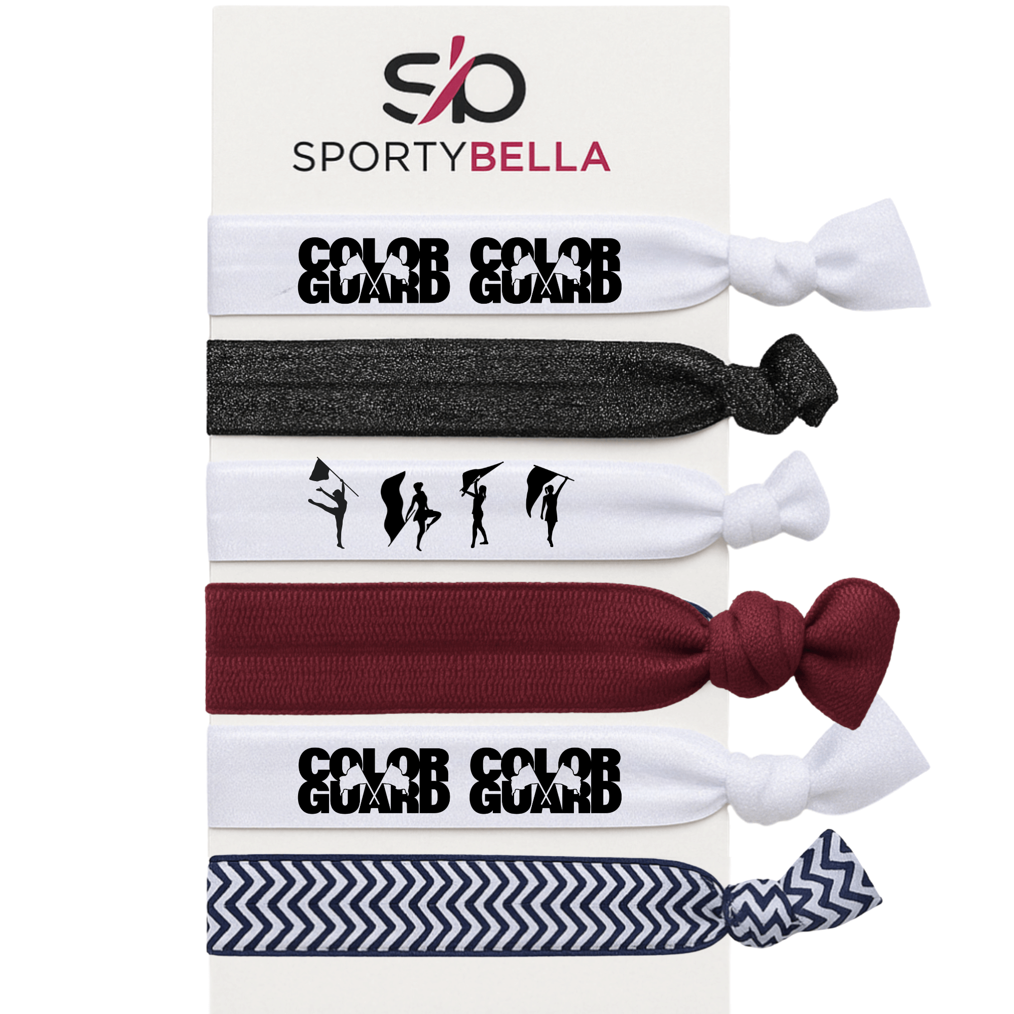 Color Guard hair ties set of 6, no crease ponytail holders with stylish designs for performers and twirlers.