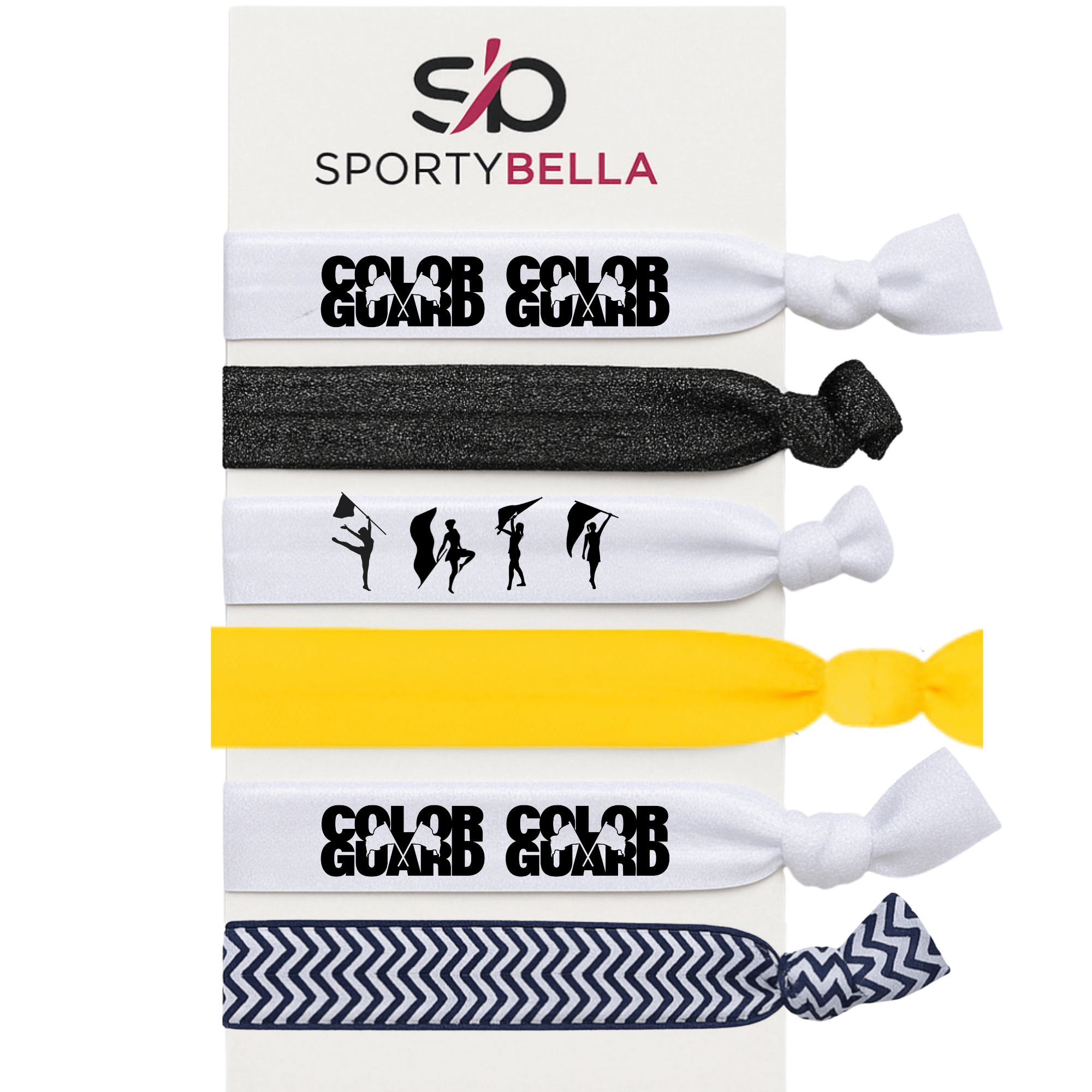 Color guard hair ties set featuring no crease ponytail holders with bold lettering and designs, perfect for performers.