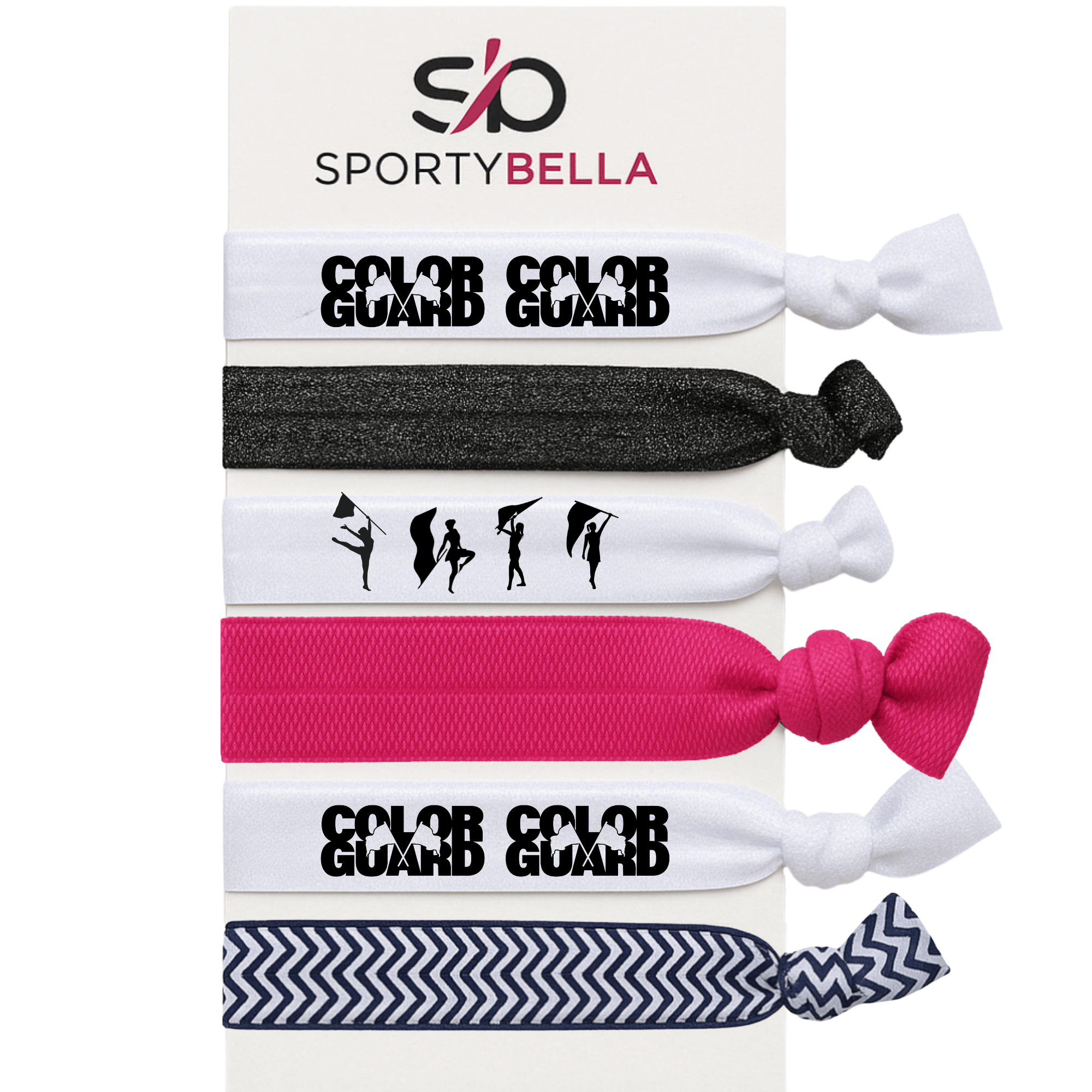 Set of 6 Color Guard hair ties with bold lettering and designs, perfect for performers and color guard gifts.