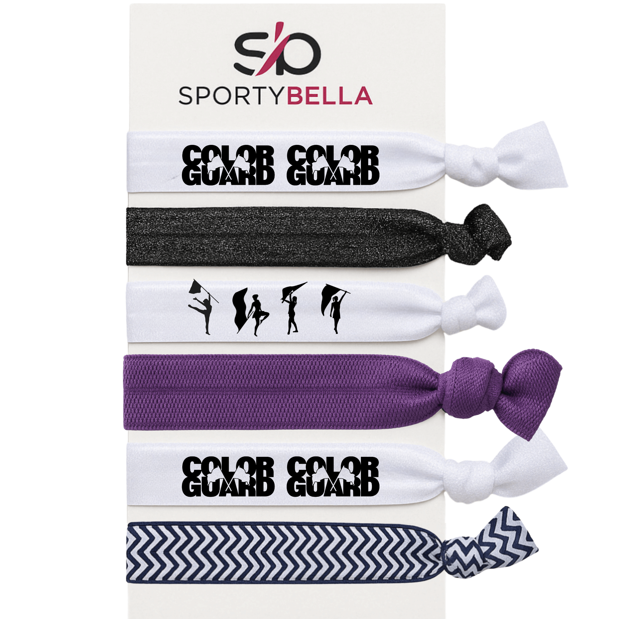 Set of 6 Color Guard hair ties with stylish designs, perfect no crease ponytail holders for dancers and performers.