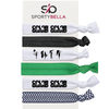 Set of 6 stylish color guard hair ties with bold lettering and patterns, ideal for performers and twirlers.
