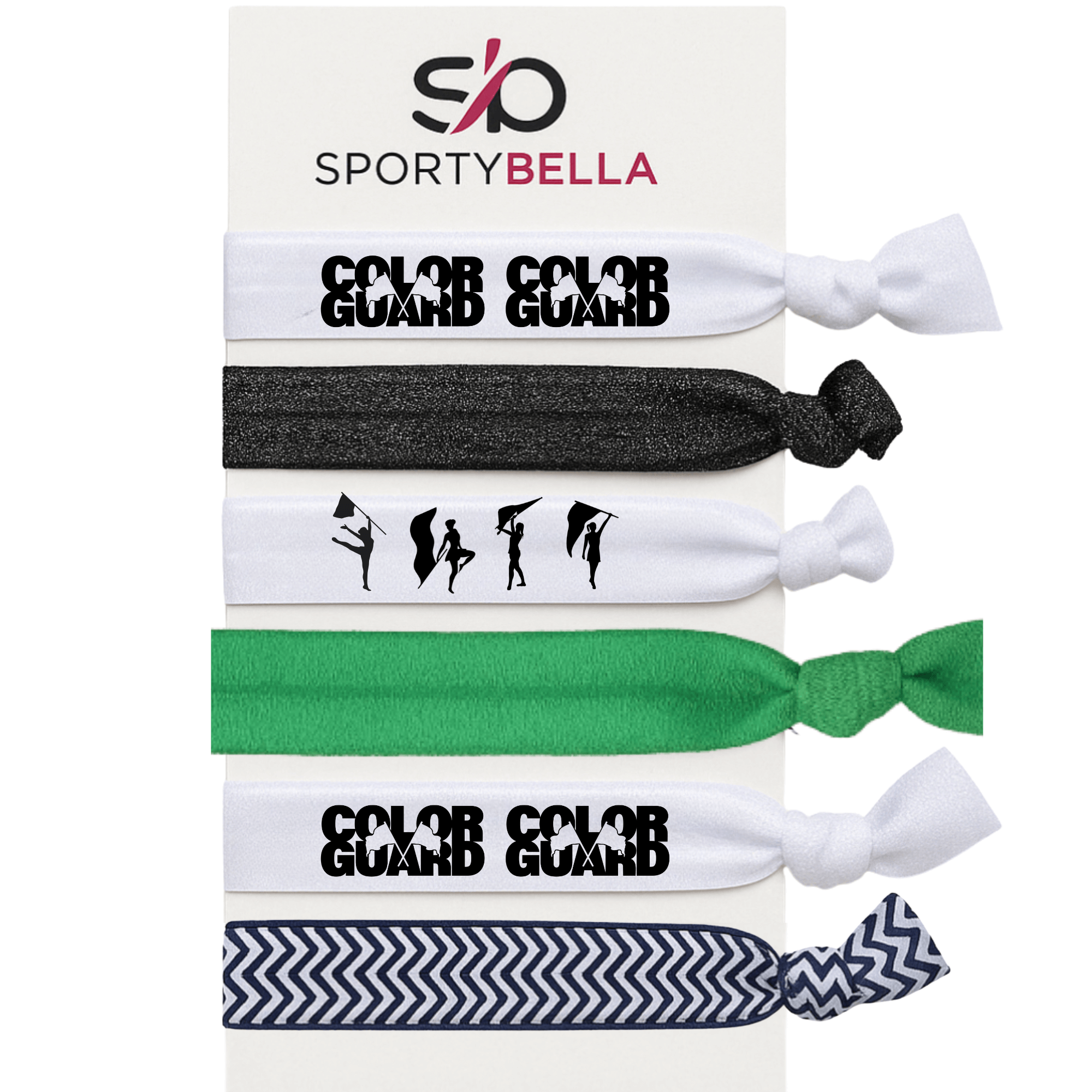 Set of 6 stylish color guard hair ties with bold lettering and patterns, ideal for performers and twirlers.