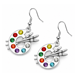 Paint Brush and Colorful Paint Palette Dangle Charm Earrings