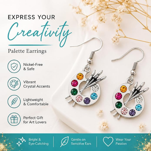 Paint Brush and Colorful Paint Palette Dangle Charm Earrings