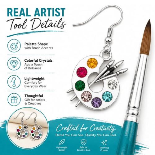Paint Brush and Colorful Paint Palette Dangle Charm Earrings