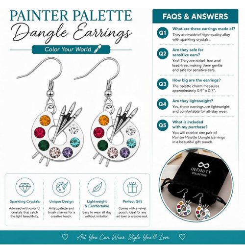 Paint Brush and Colorful Paint Palette Dangle Charm Earrings