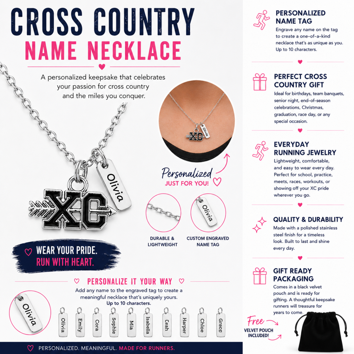 Personalized Cross Country -XC Necklace with Engraved Name Tag