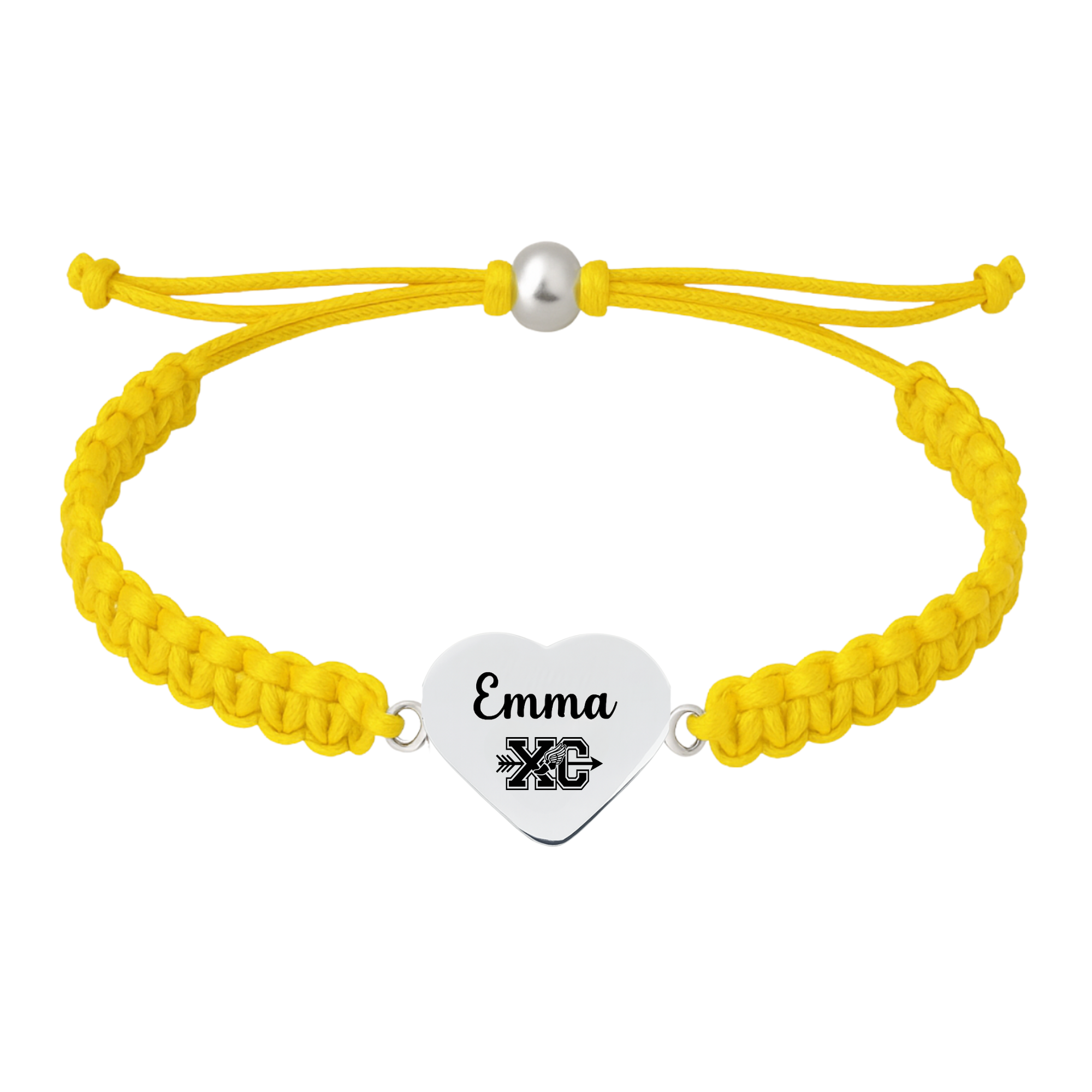 Yellow bracelet with heart charm engraved “XC.”