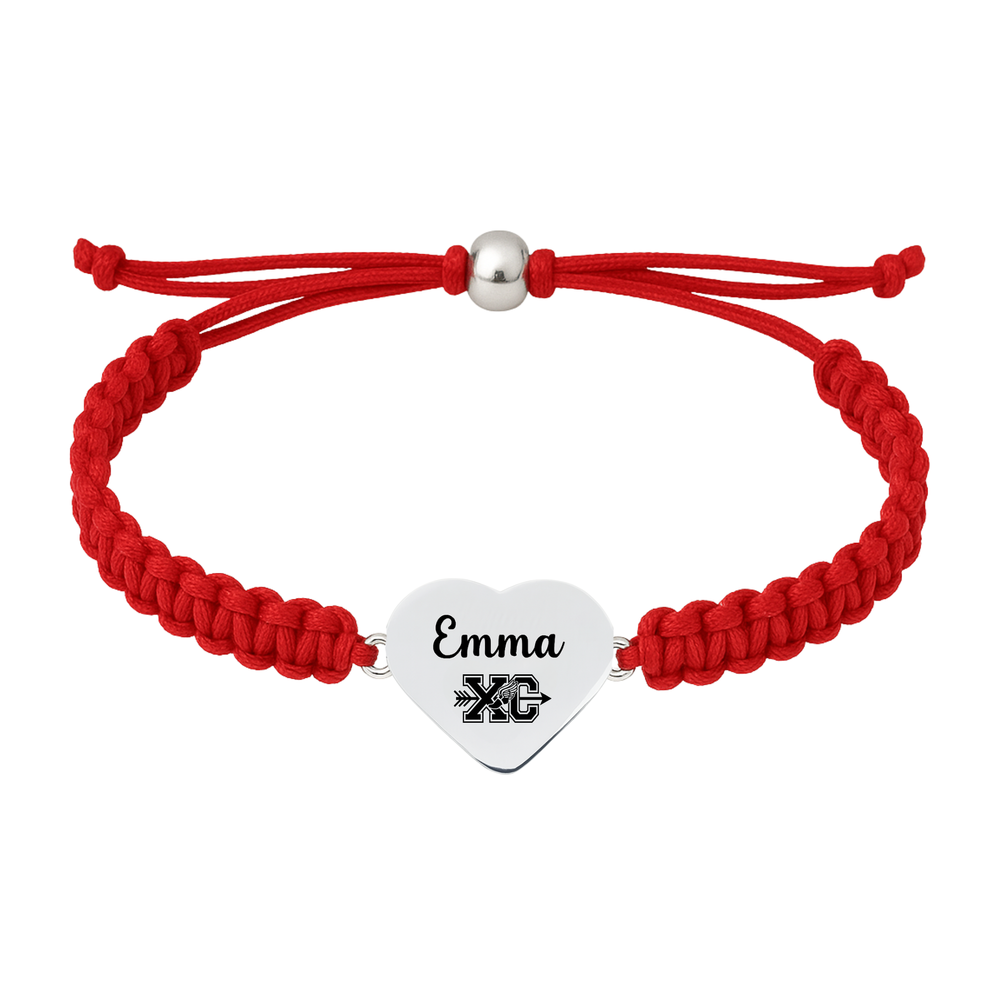 Red bracelet with heart charm engraved for cross country