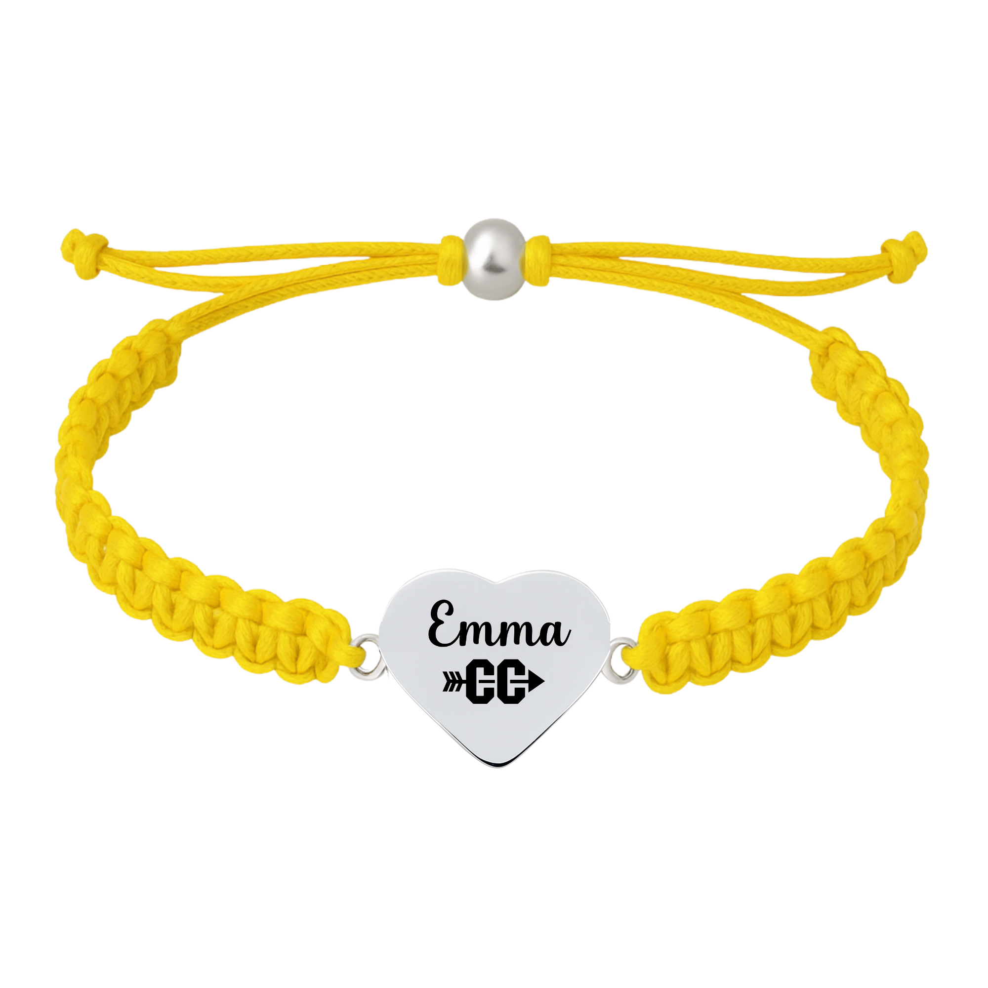 Yellow rope bracelet with engraved cross country heart charm