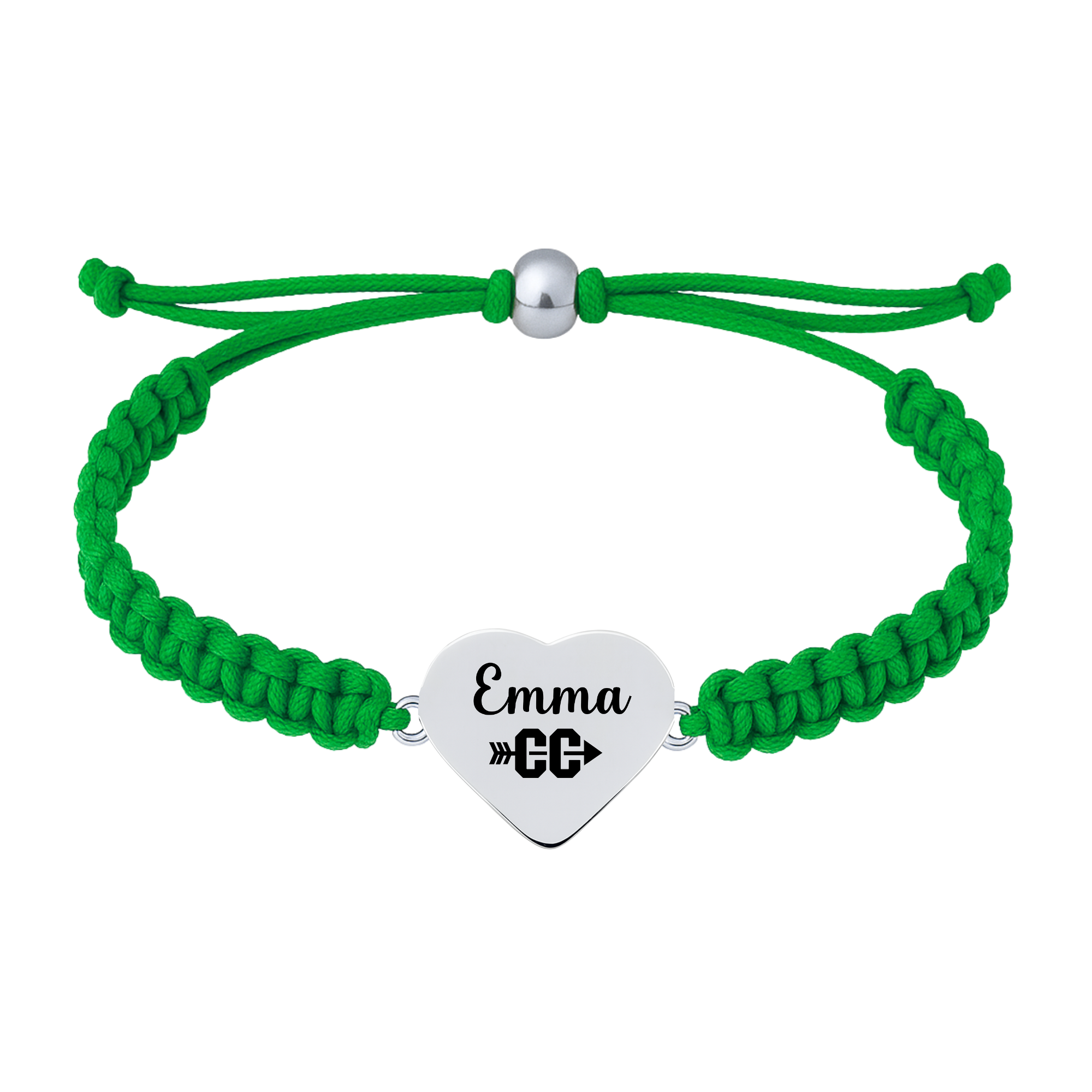 Green bracelet with engraved charm and adjustable fit