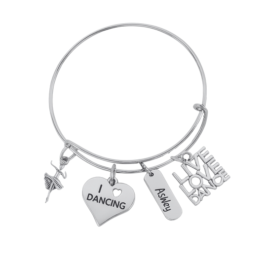 Custom Dance Charm Bangle Bracelet with Engraved Charm