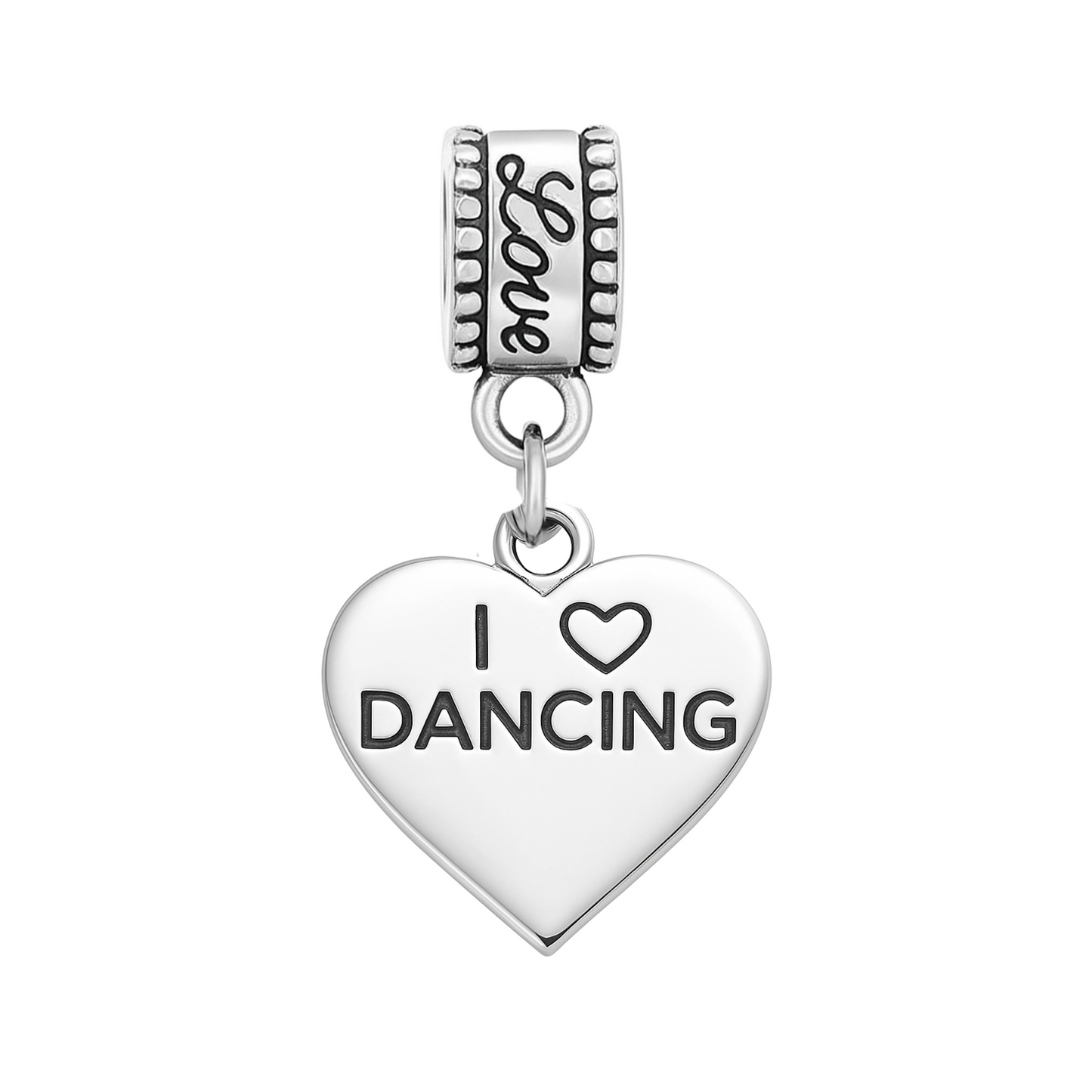 Heart-shaped “I ❤️ DANCING” charm bead with stainless steel bail for Pandora-style bracelets