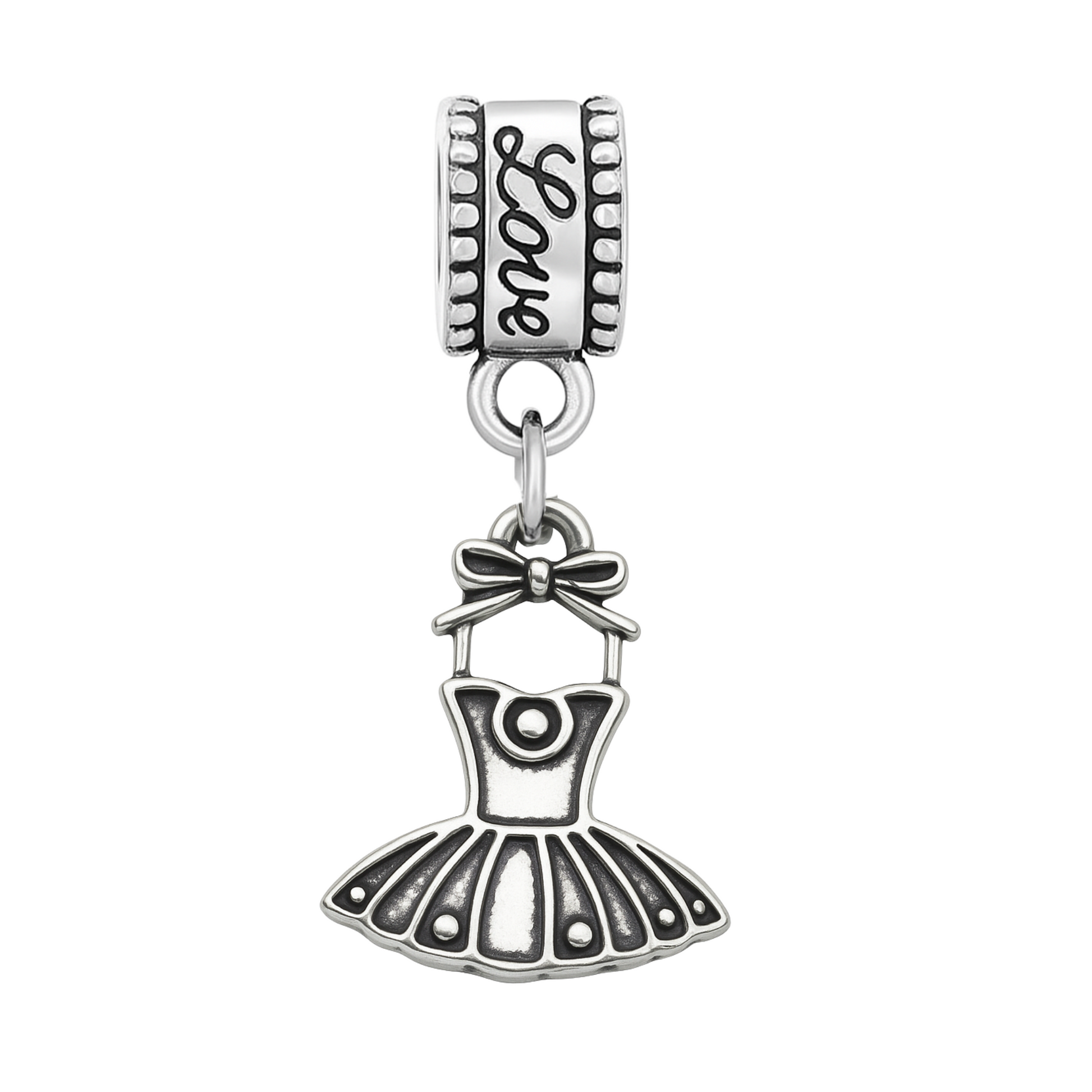 Girl ballerina charm with a flared tutu, stainless steel finish for charm bead collections