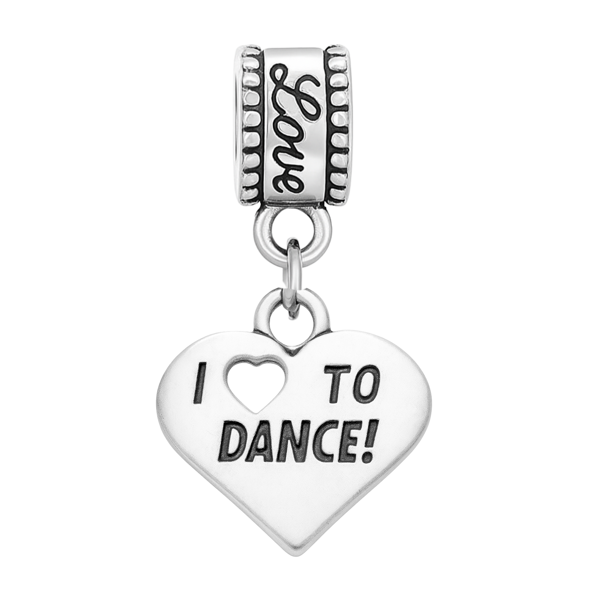 Silver “I ❤️ TO DANCE!” charm with bold text and bead bail, perfect for dance lovers