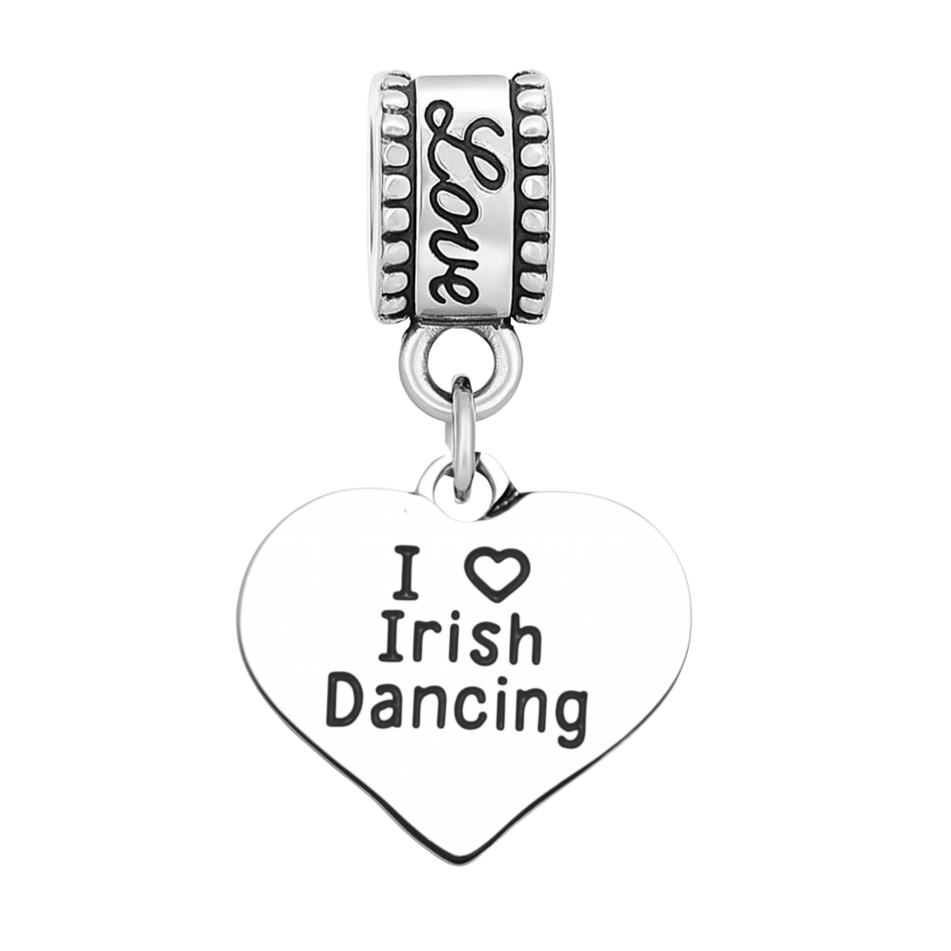 “I ❤️ Irish Dancing” charm bead with heart and engraved bail for charm bracelets