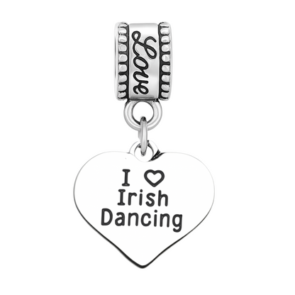 “I ❤️ Irish Dancing” charm bead with heart and engraved bail for charm bracelets
