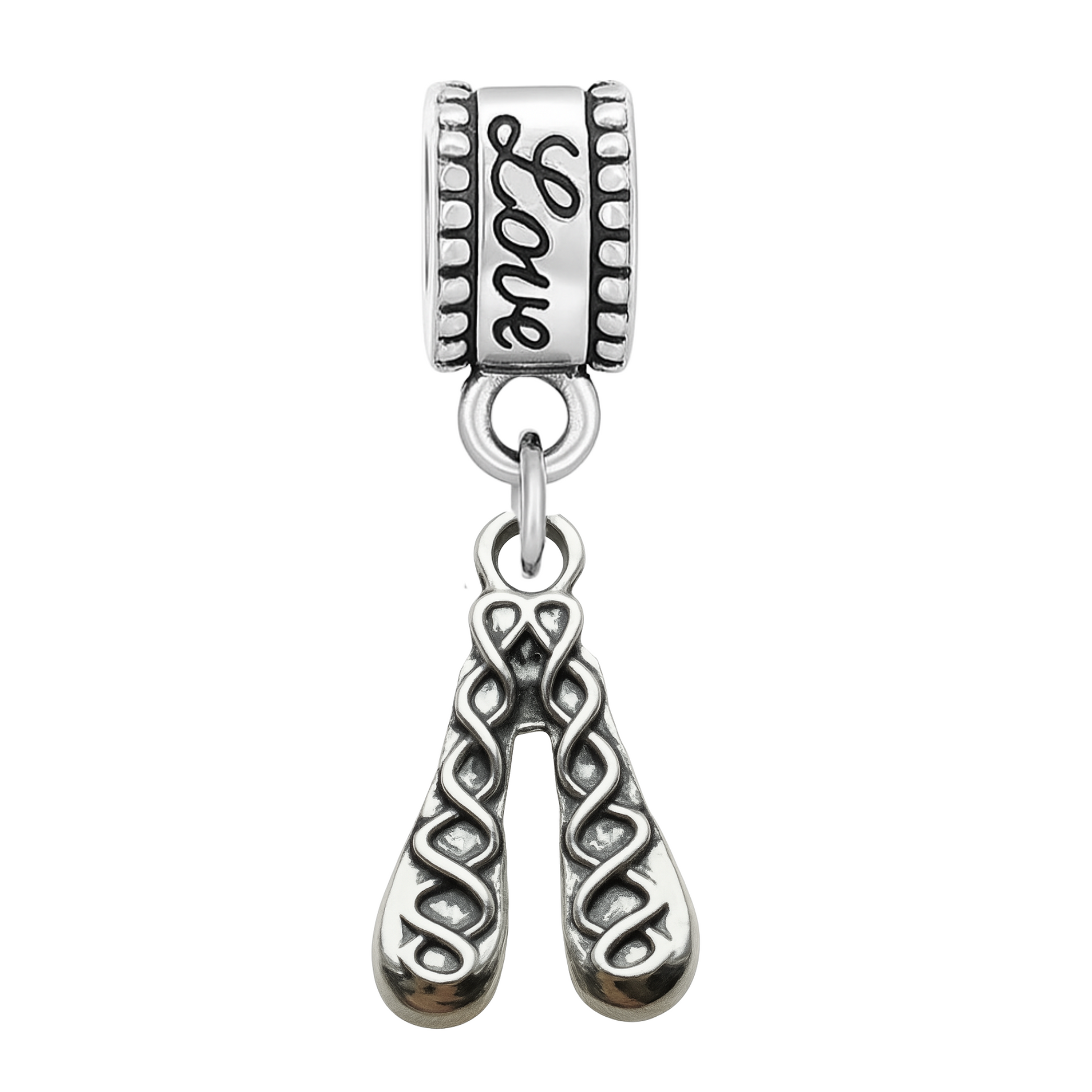 Silver ballet shoe charm bead featuring a pair of detailed pointe shoes on stainless steel bail