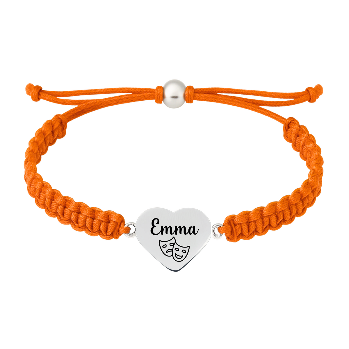 Orange rope bracelet with engraved 
 charm and drama mask symbols