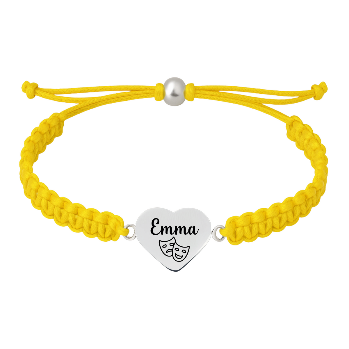 Yellow rope bracelet with engraved heart-shaped stainless steel charm for theater lovers