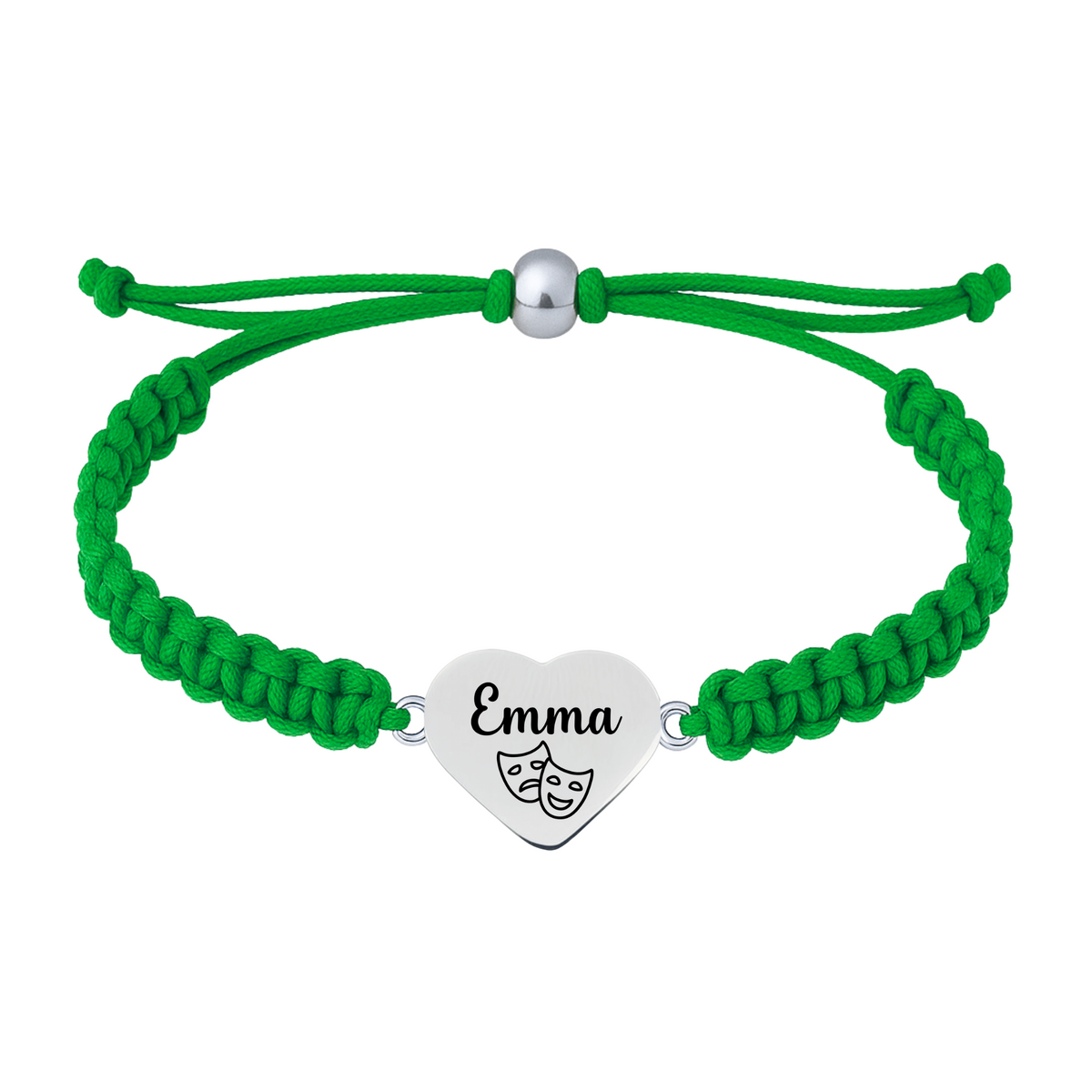 Green bracelet featuring engraved drama & theater heart charm