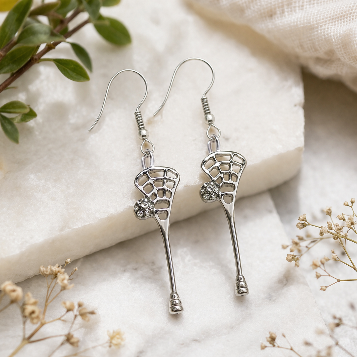 Silver CZ Lacrosse Stick Earrings