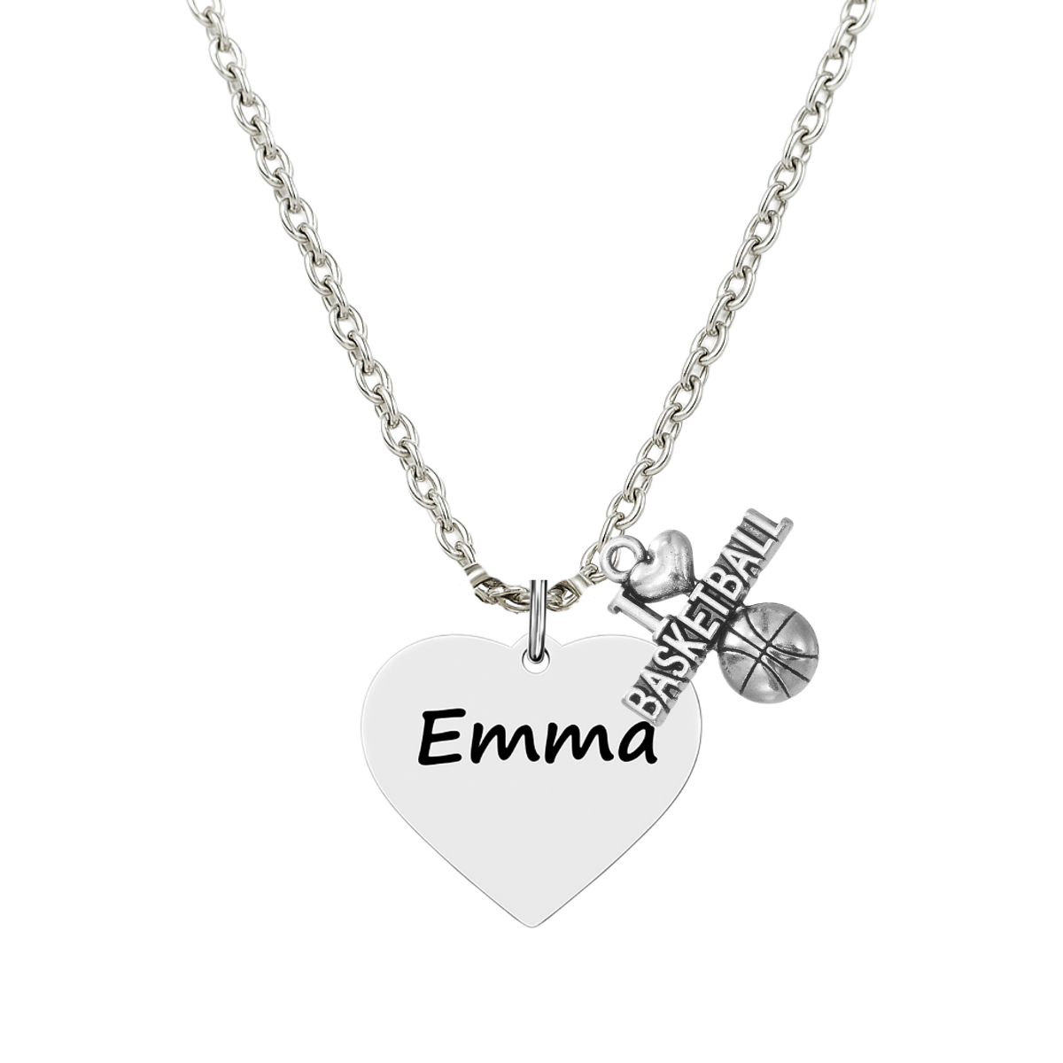 Engraved Basketball Heart Name Necklace